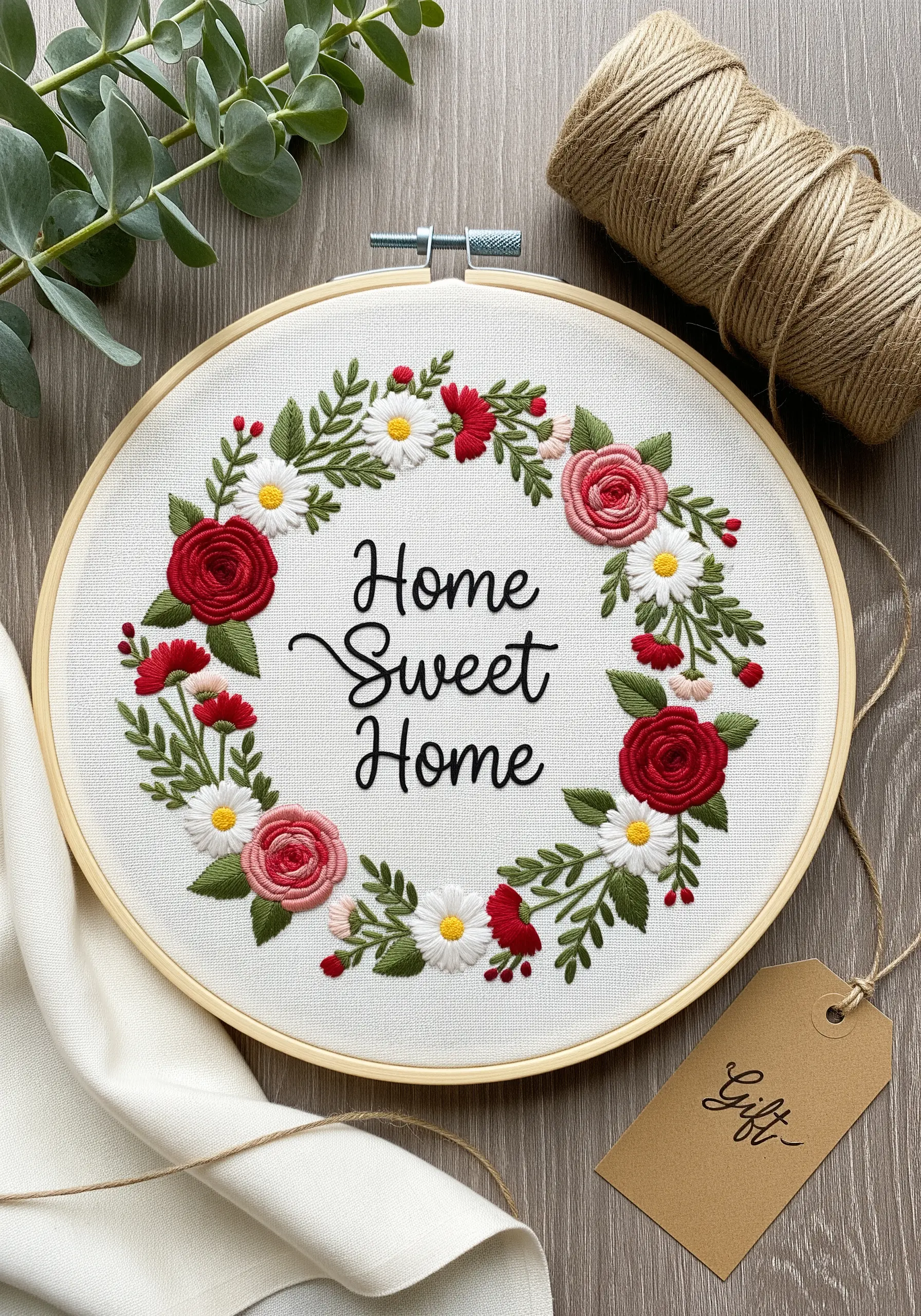 An embroidery hoop with a floral wreath of roses and daisies surrounding the words 'Home Sweet Home'.