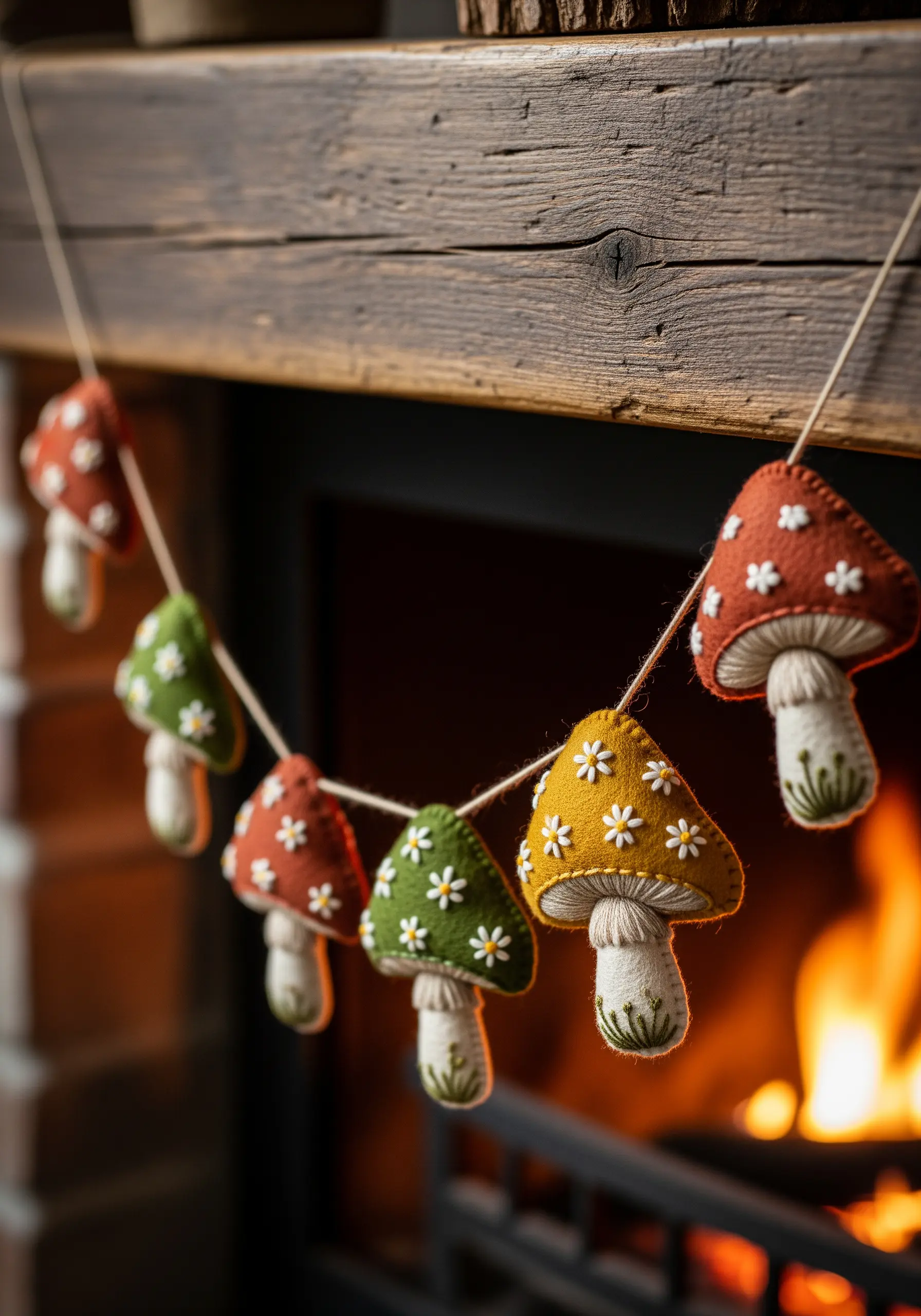 Hand-stitched felt mushroom garland in autumnal colors hanging over a fireplace.
