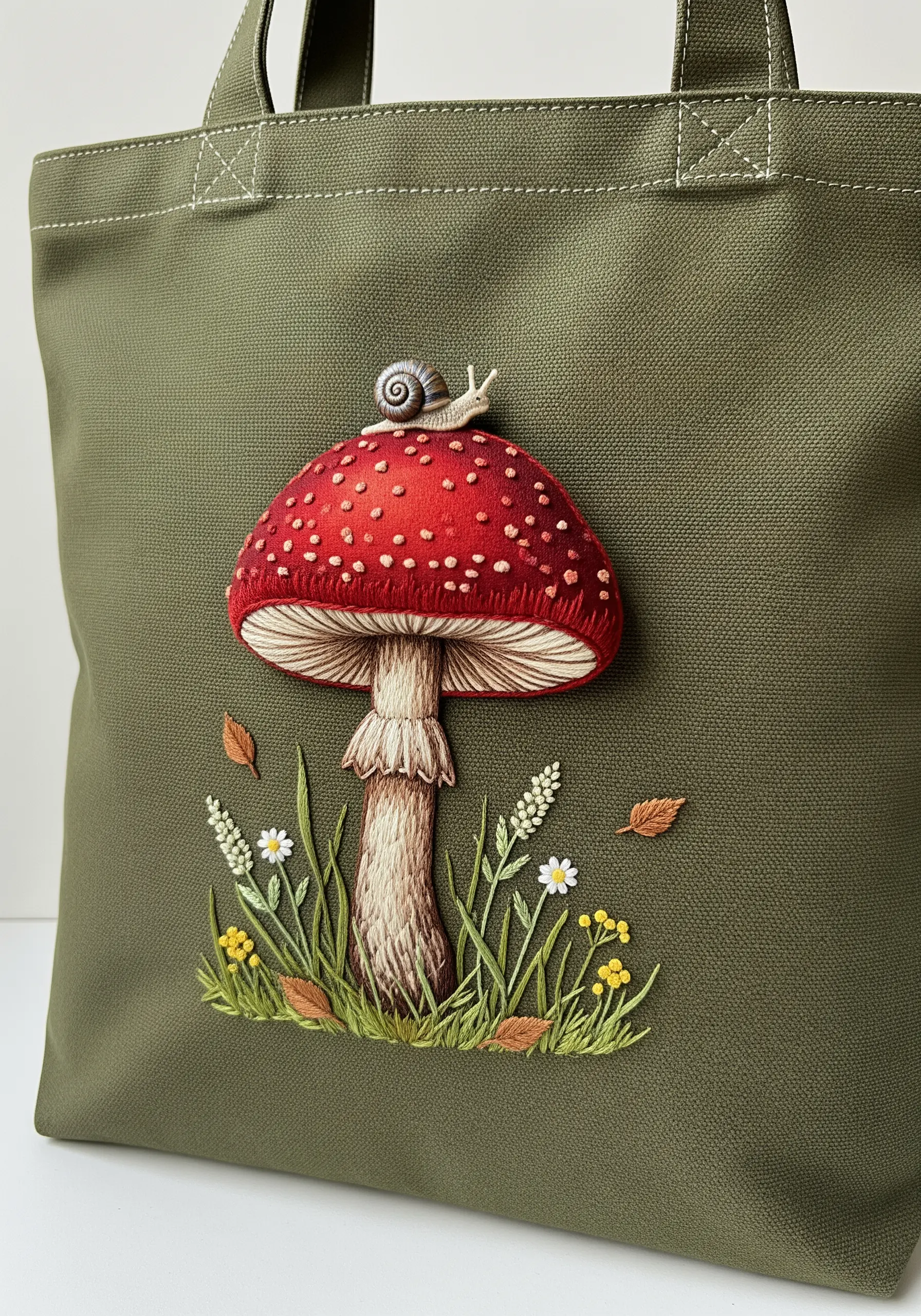 A detailed, dimensional embroidery of a red and white fly agaric mushroom on an olive green tote.