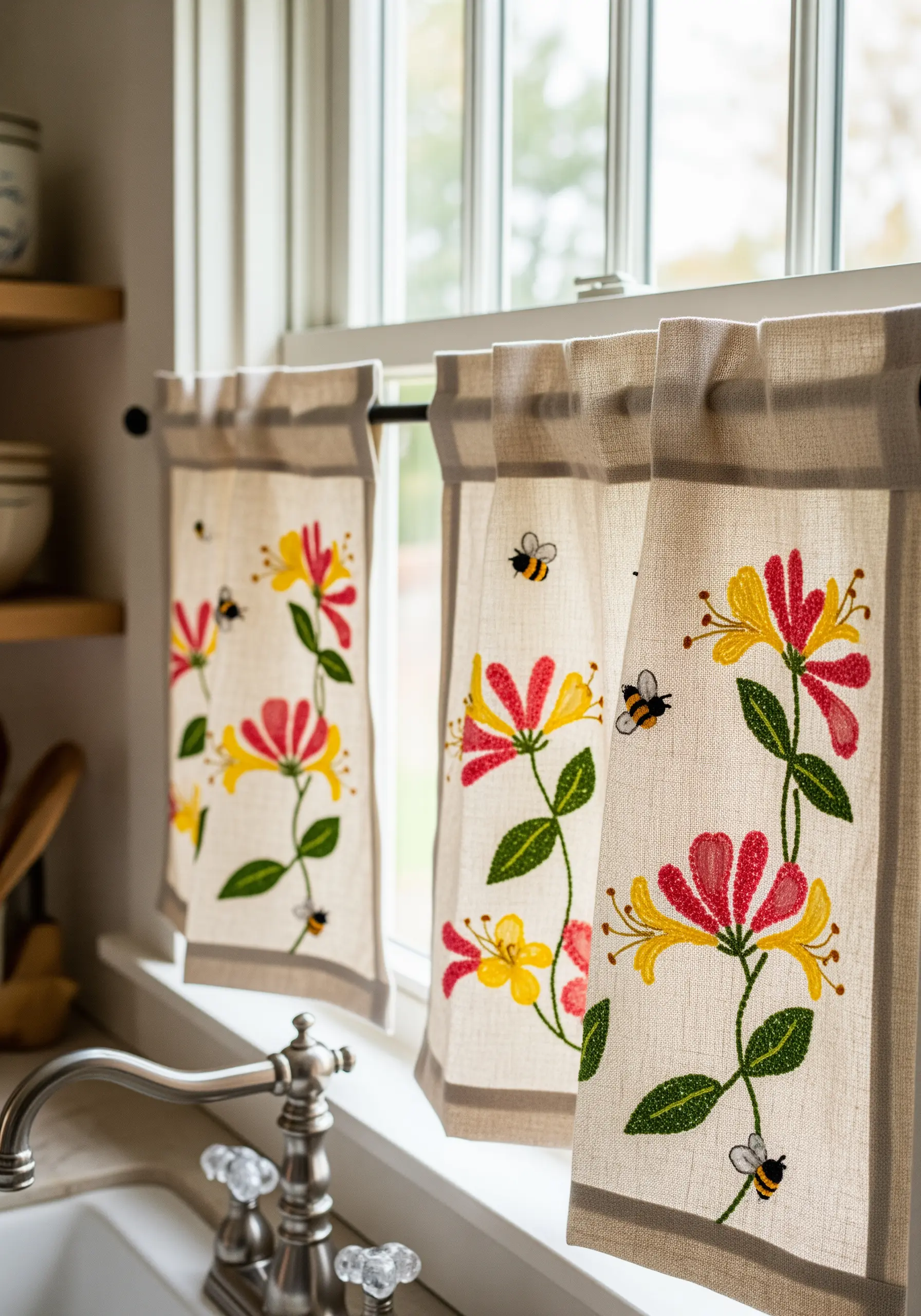 Cheerful honeysuckle and bee embroidery on linen café curtains in a kitchen.