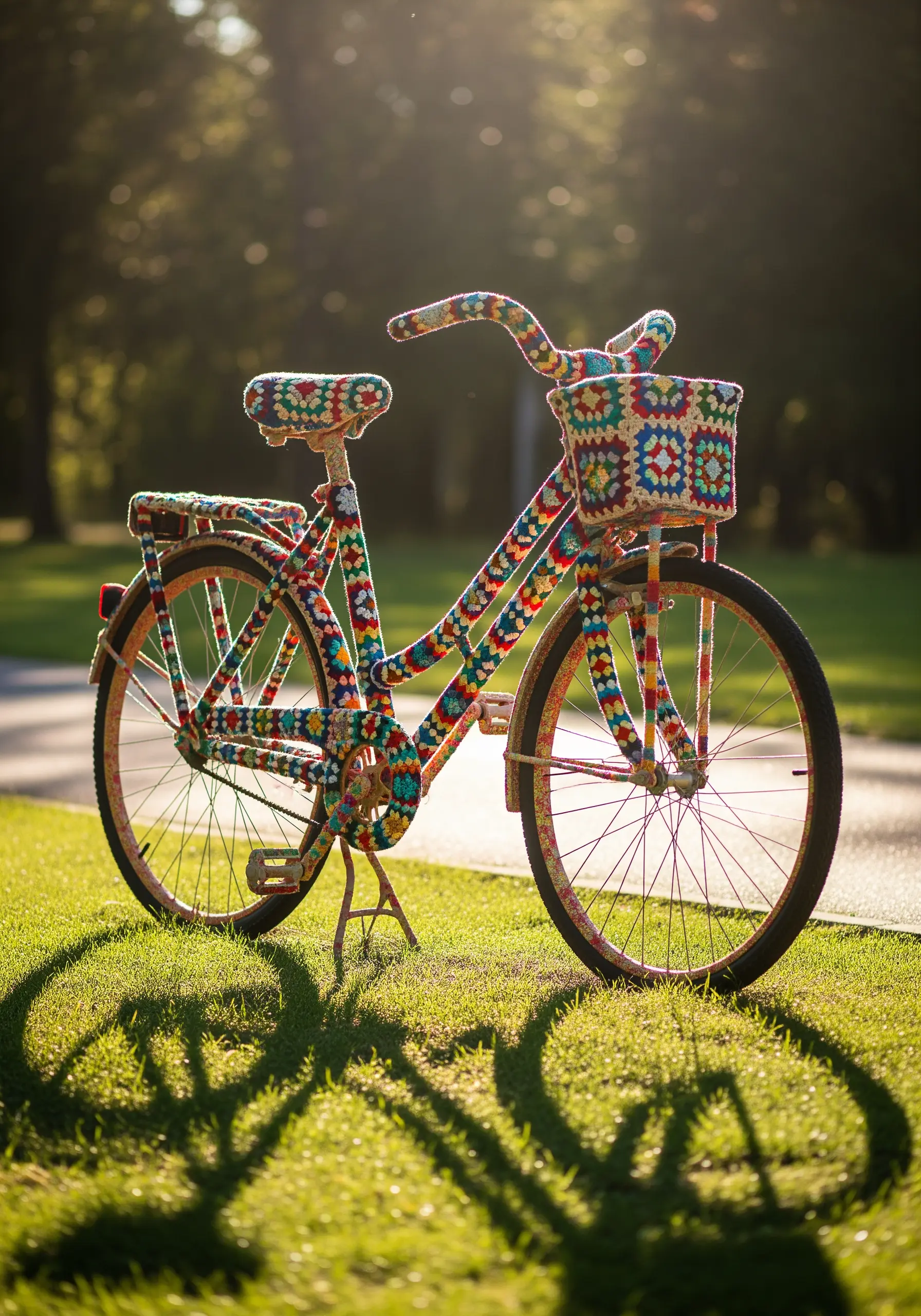 Bicycle completely covered in colorful crochet granny squares