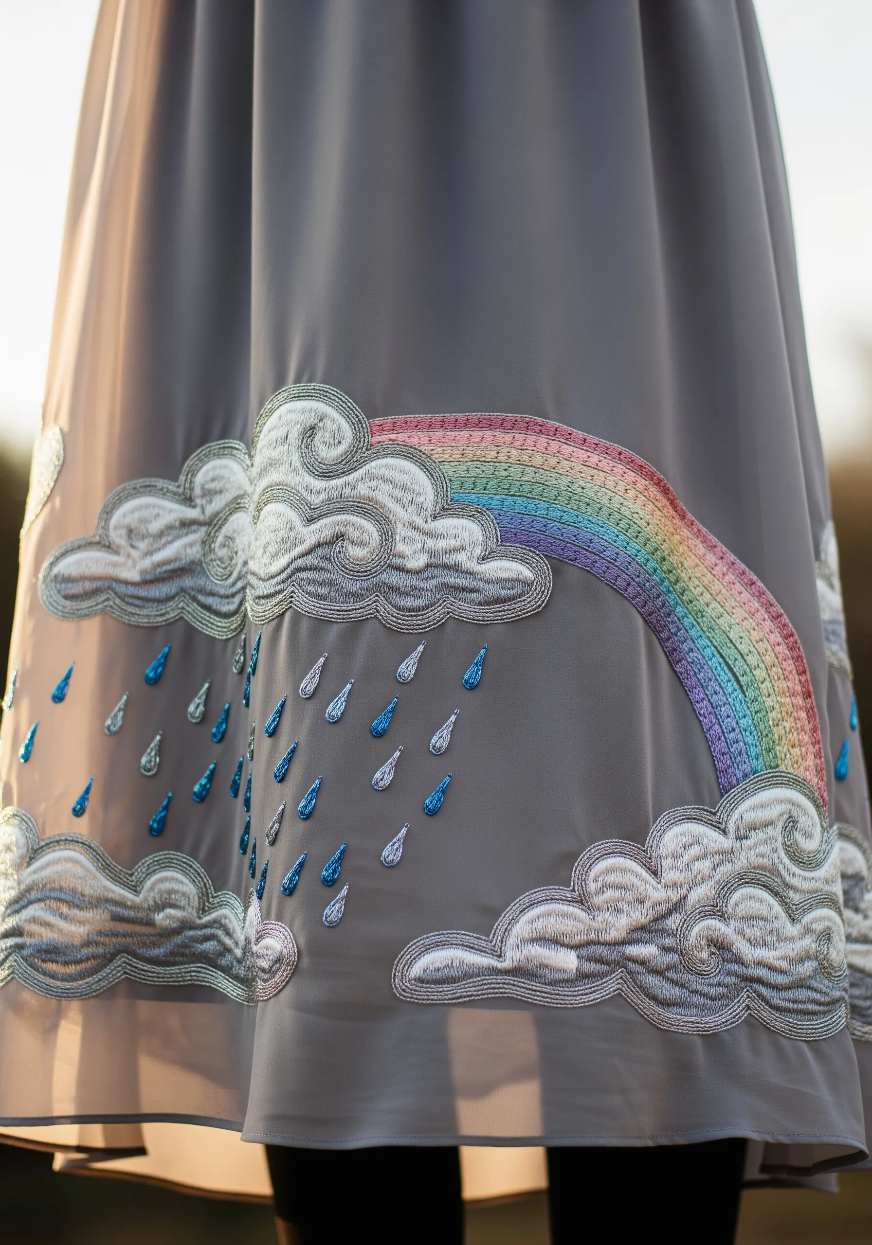 Grey sheer dress with embroidered rainbow clouds and rain droplets