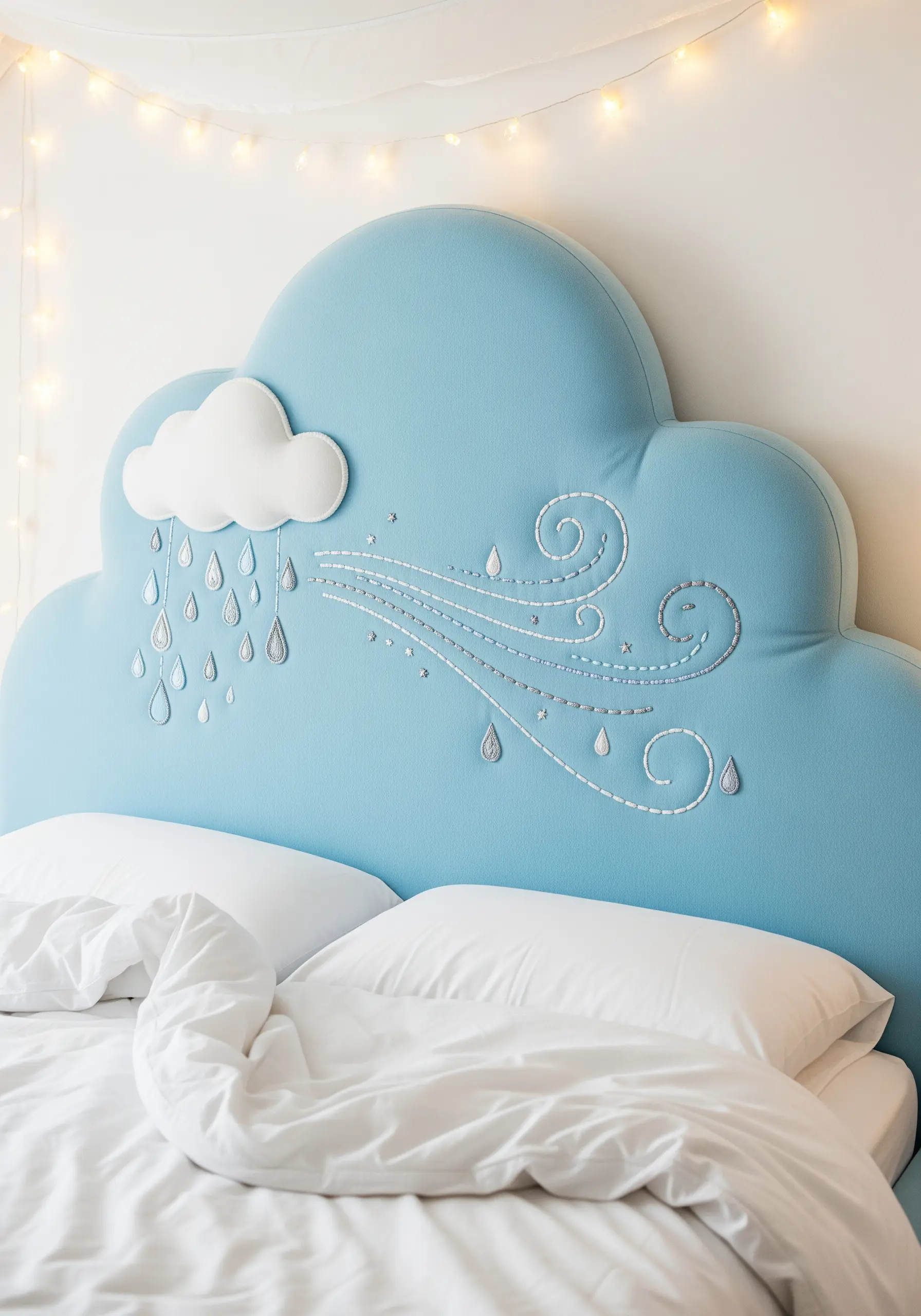 A felt appliqué cloud with embroidered raindrops and wind swirls on a blue headboard.