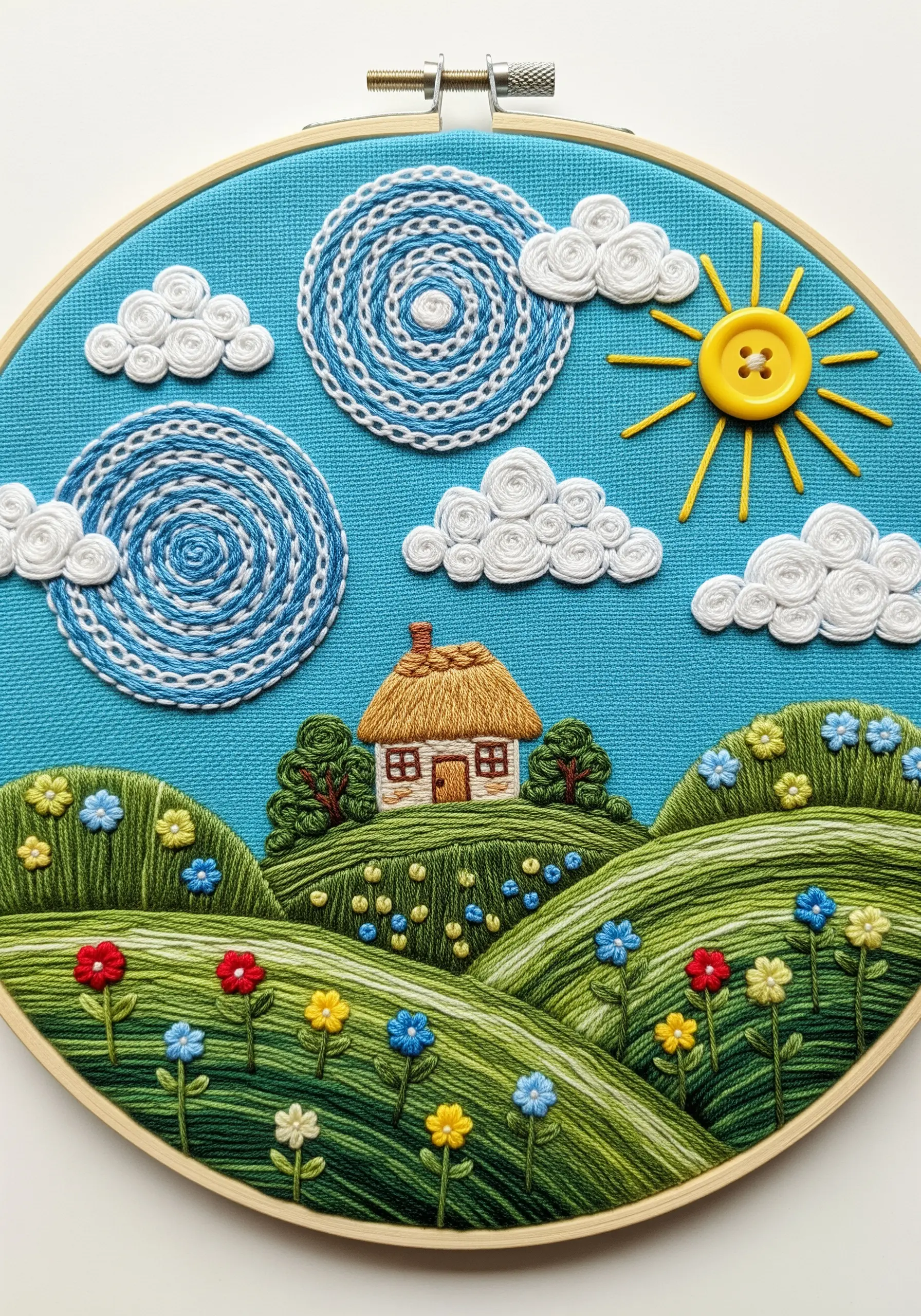Folk art style embroidery with spiral sun and clouds