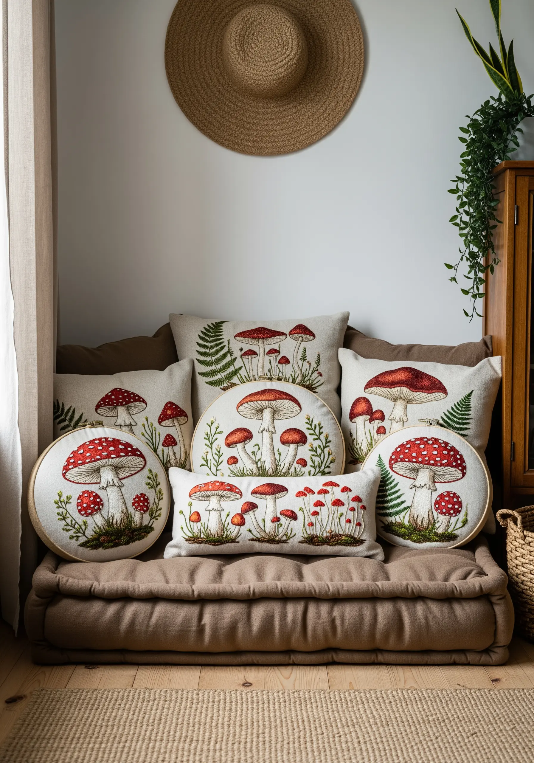 A collection of cushions in various shapes embroidered with red and white toadstool mushrooms.