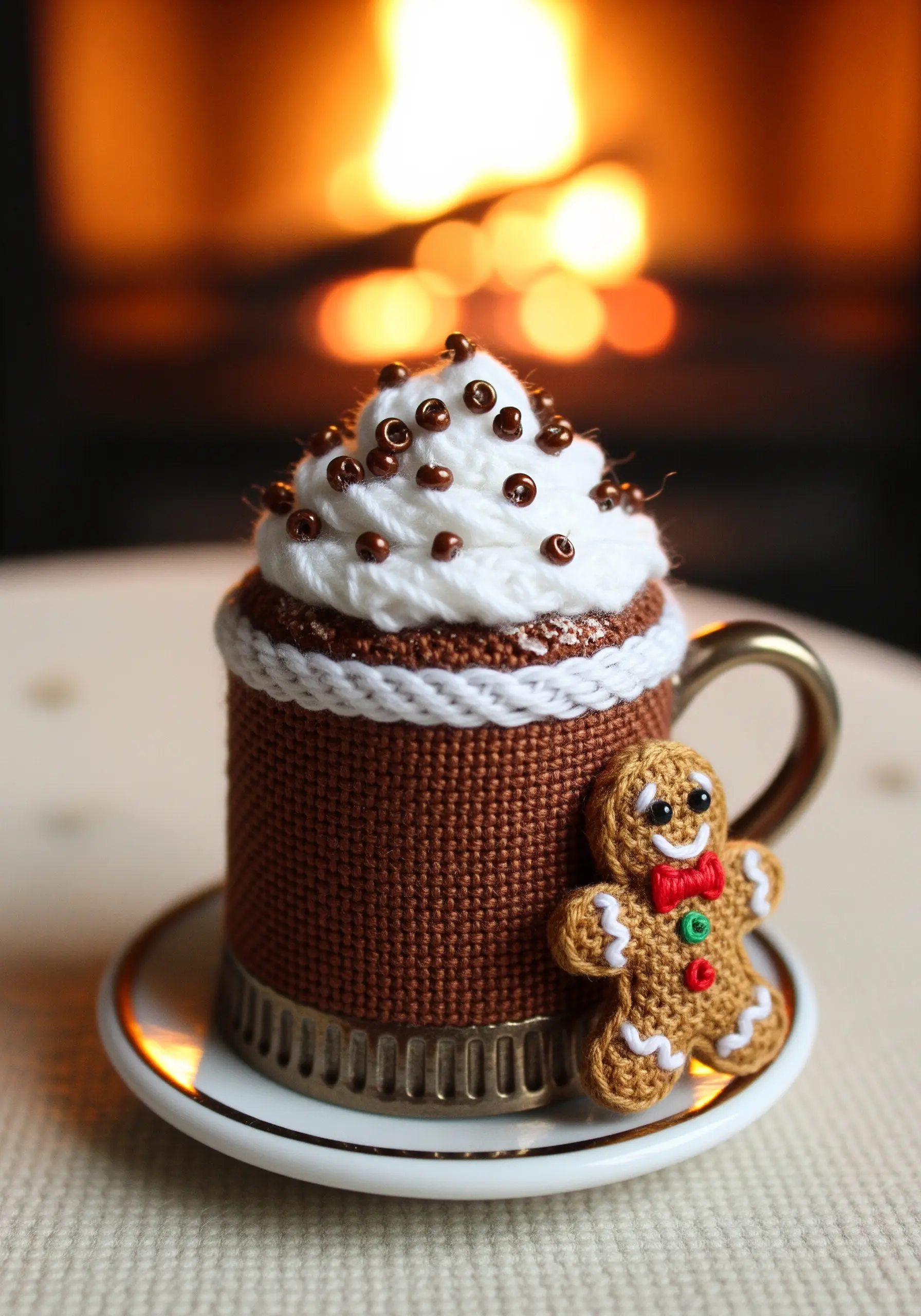A miniature hot chocolate mug ornament with French knot whipped cream and beaded sprinkles.