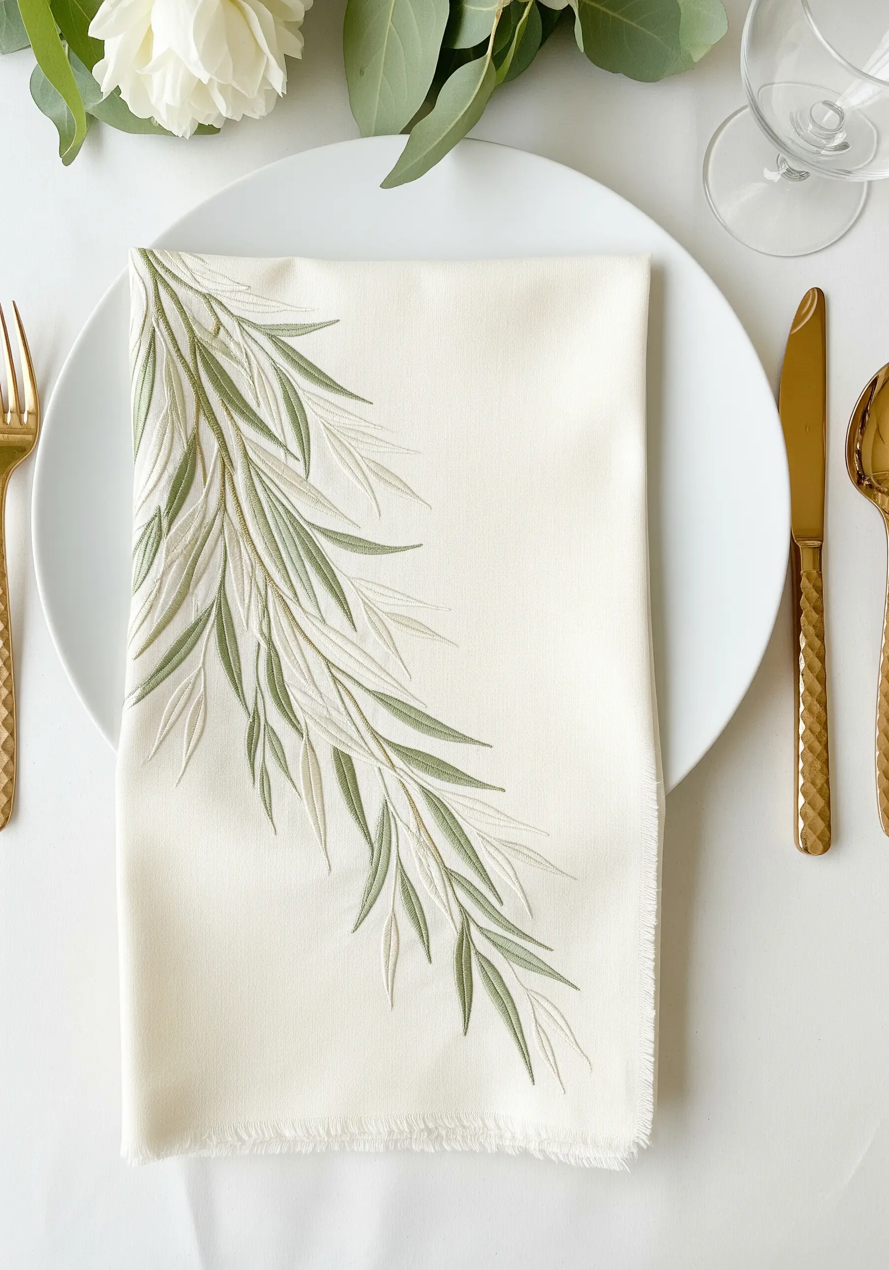 Delicate, airy willow branches in light green and white on an off-white napkin.