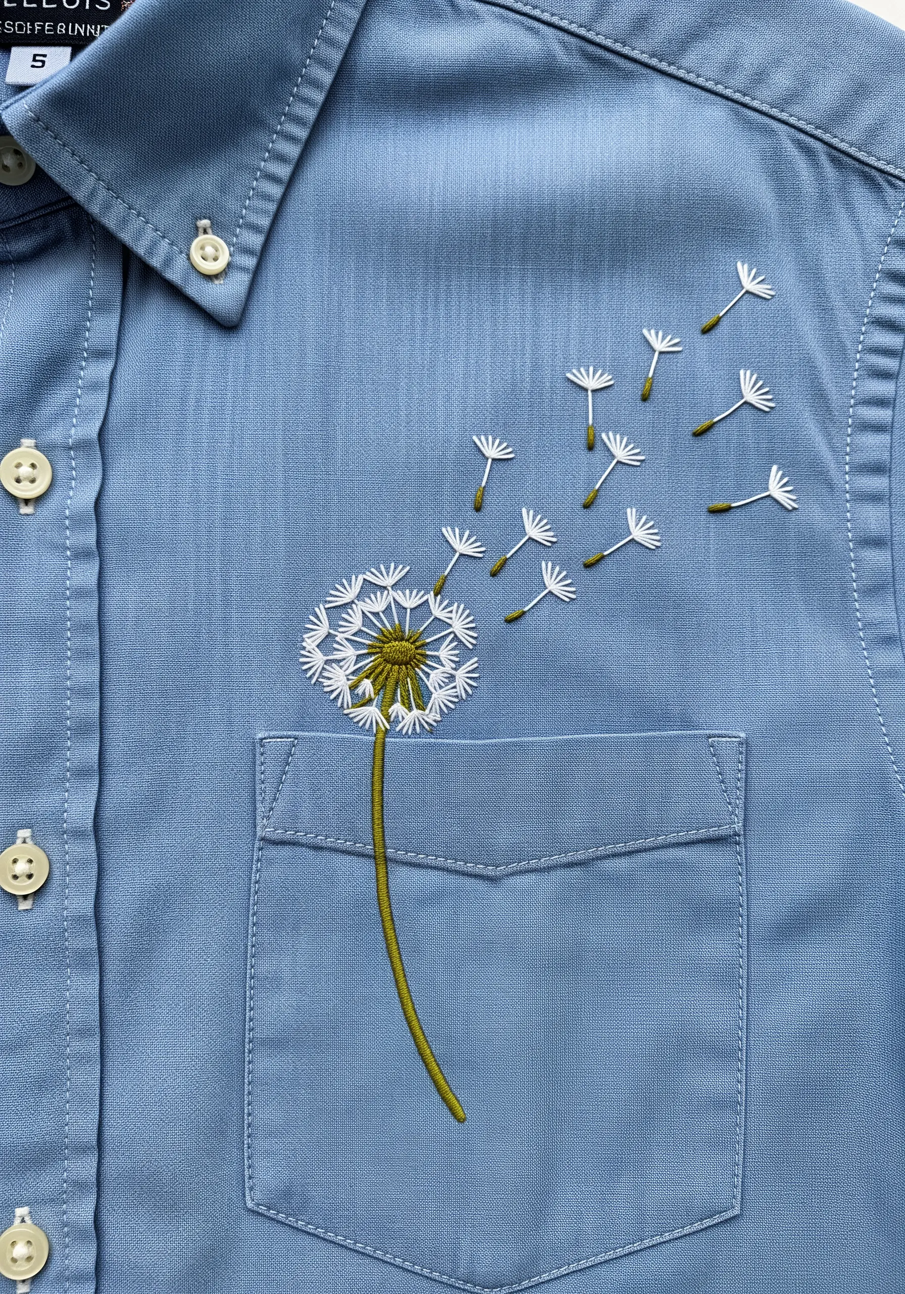 A dandelion with seeds blowing in the wind, embroidered on a blue shirt.