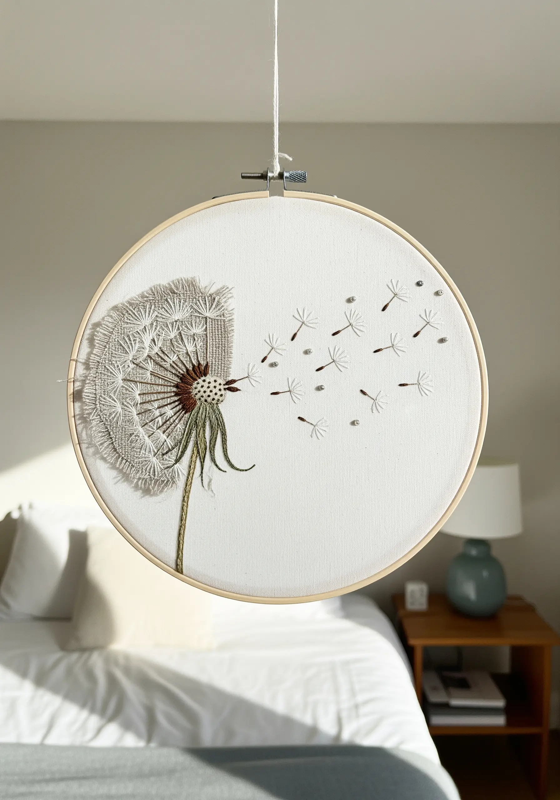 An embroidered dandelion with seeds blowing away, stitched in neutral tones on white fabric.