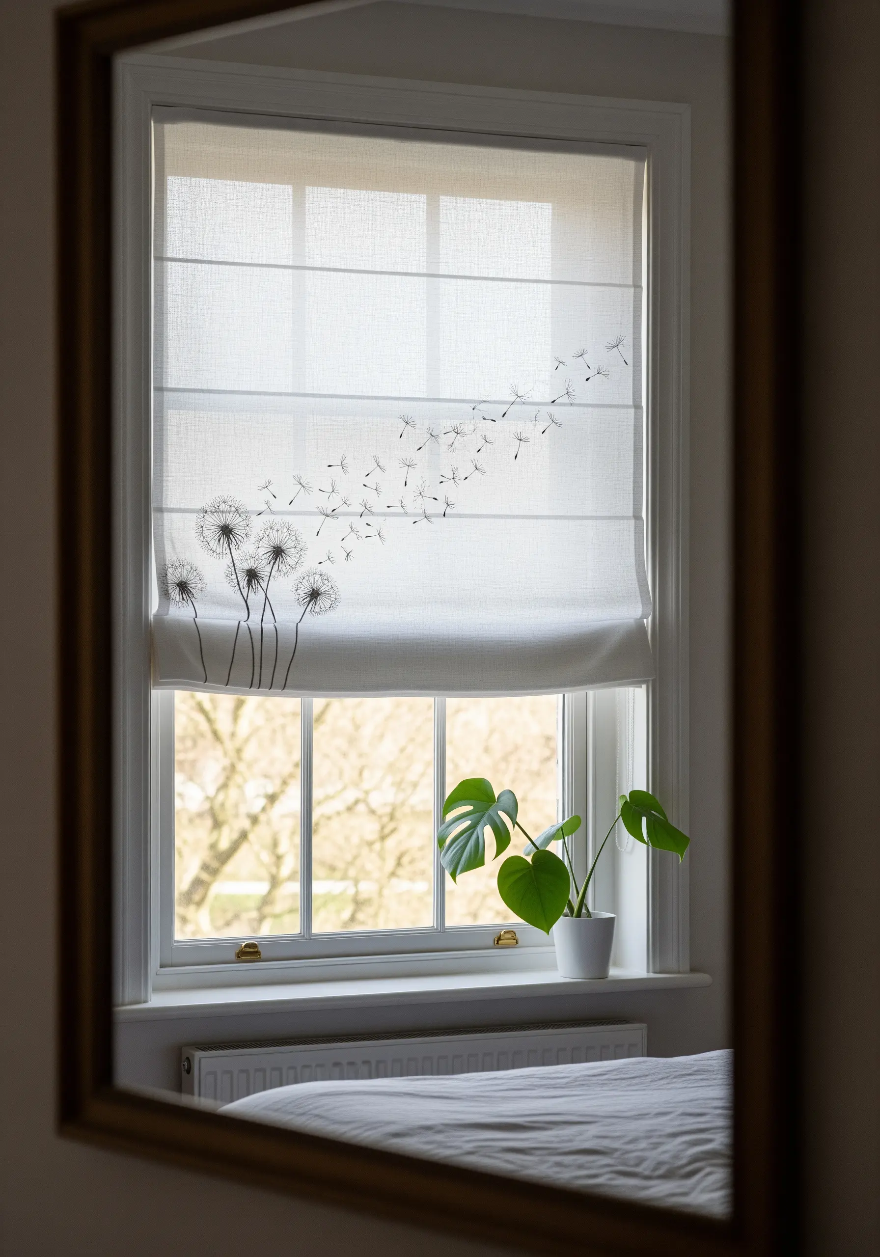 Minimalist dandelion embroidery on a white linen roman blind, with seeds blowing in the wind.
