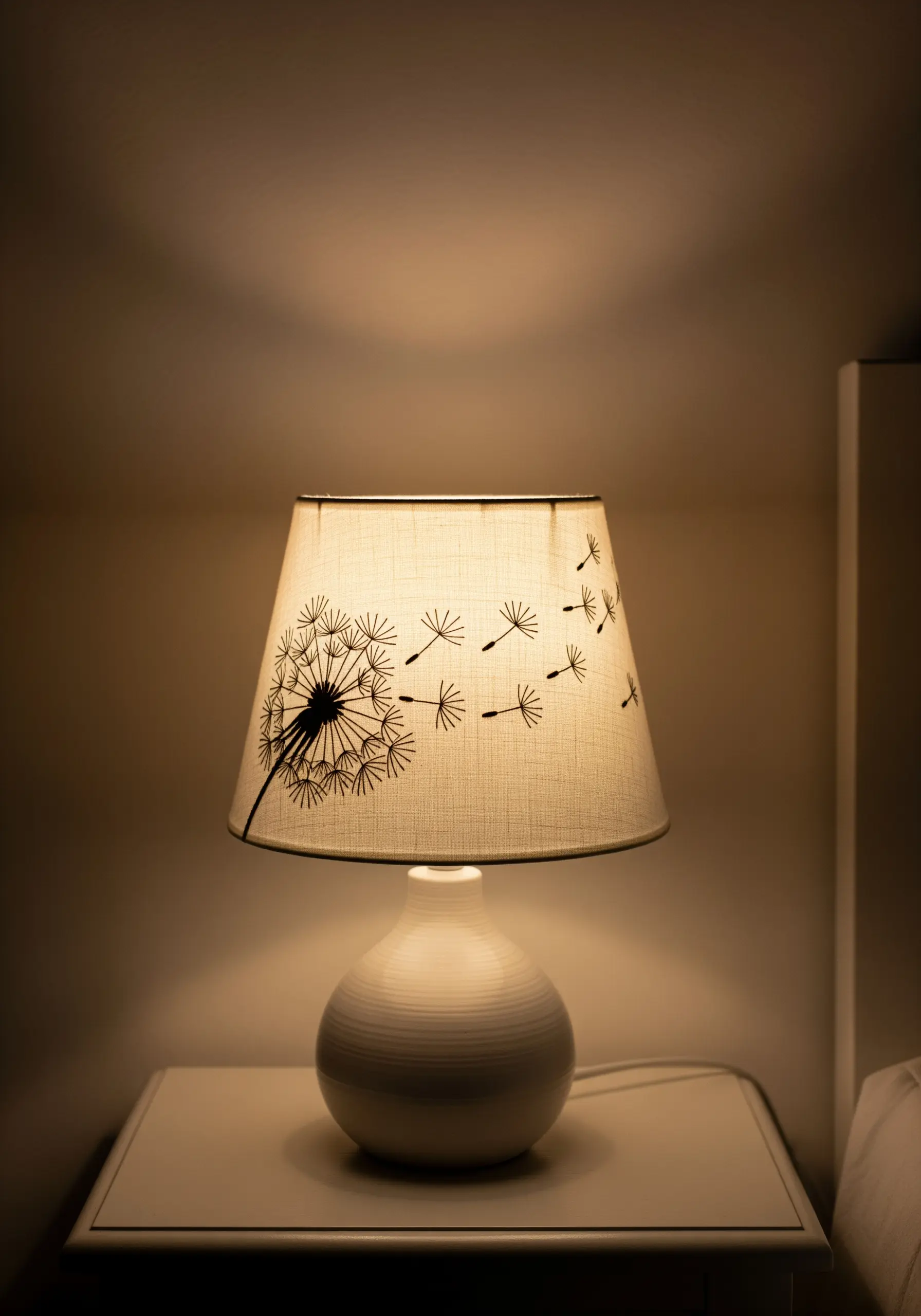 A bedside lampshade with a black embroidered design of a dandelion blowing its seeds in the wind.