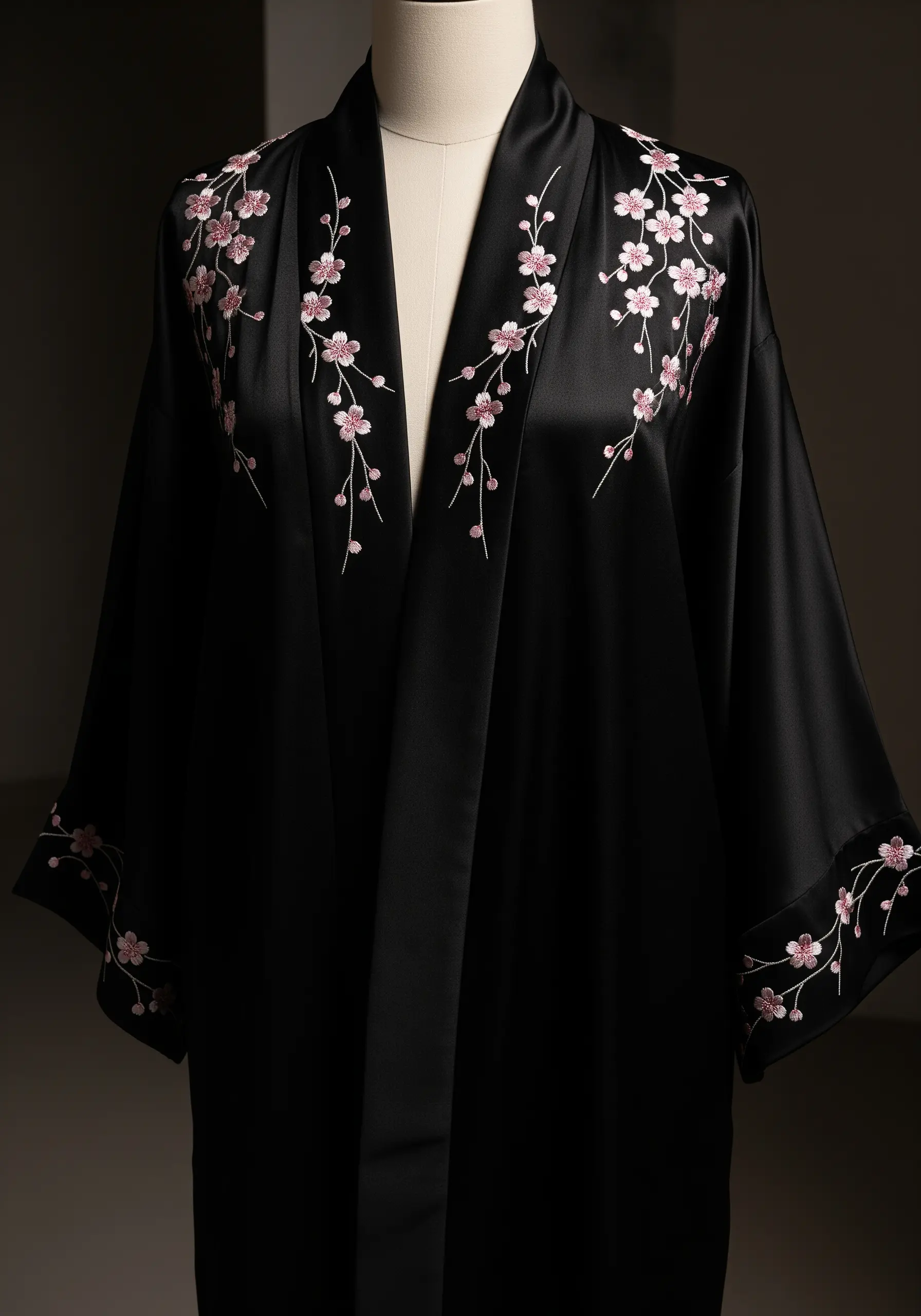 Delicate cherry blossom embroidery trailing down the lapel of a black silk robe.