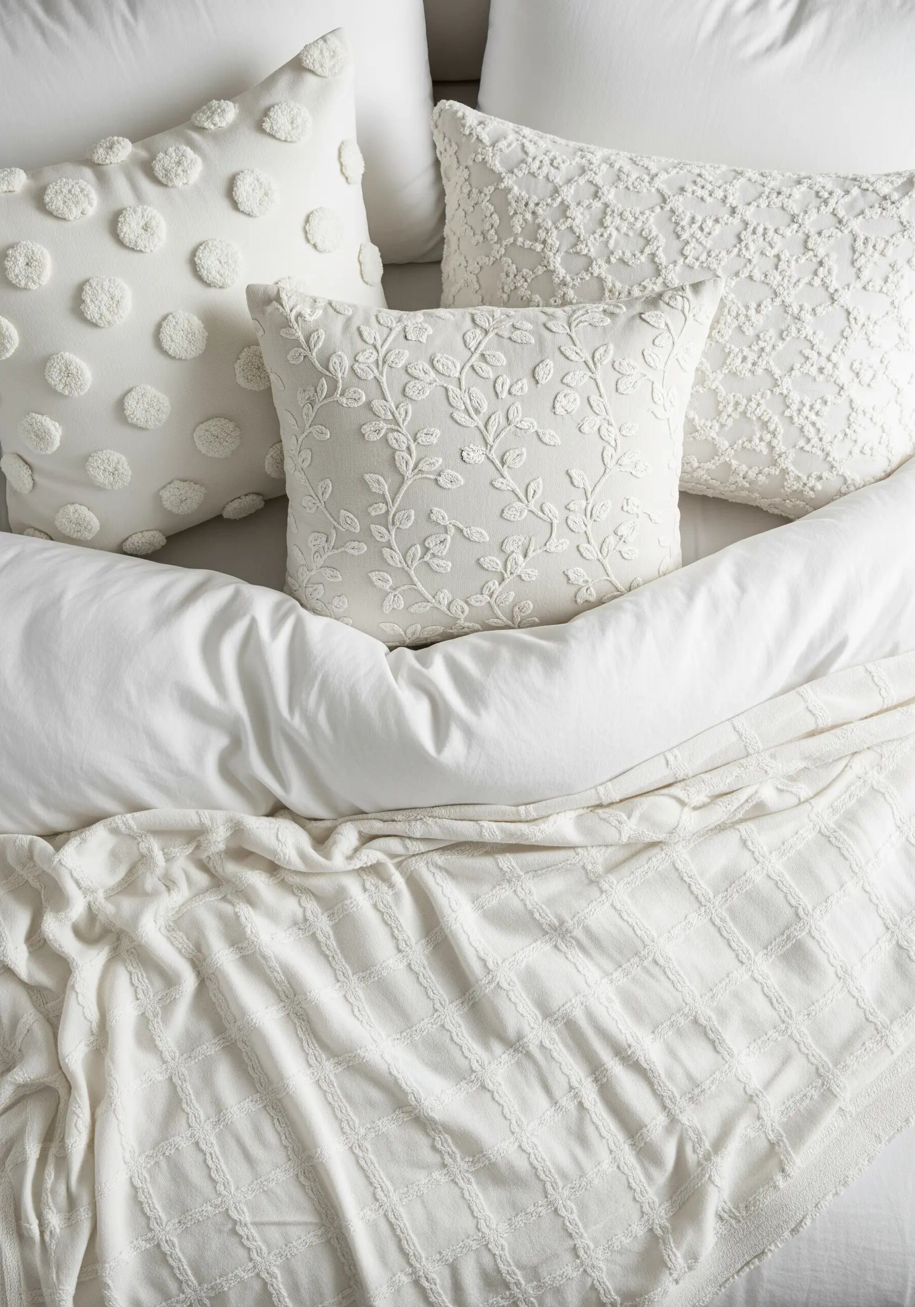 Three white pillows on a white bed, each featuring different textural embroidery techniques.
