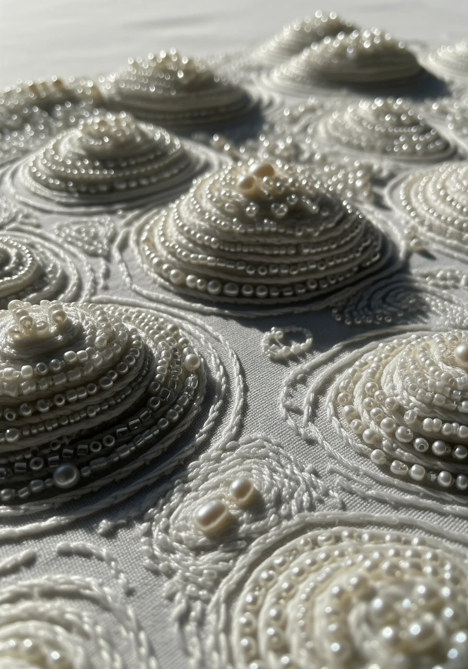 Close up of white fabric with white embroidery, pearls, and beads in swirling patterns