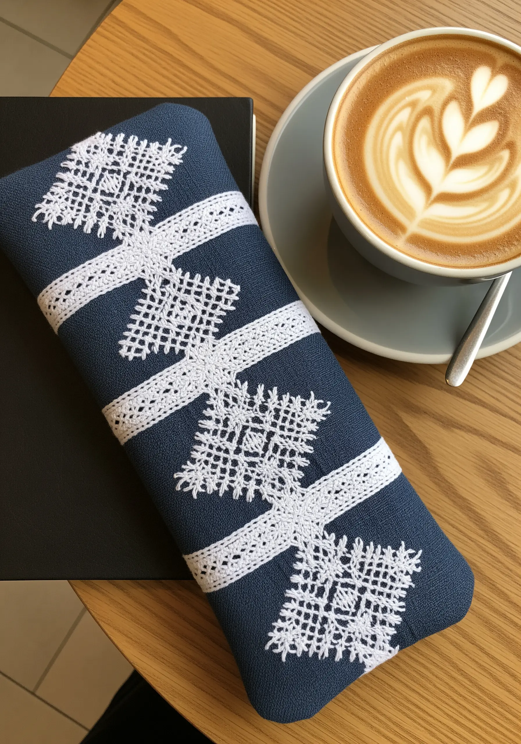 Blue fabric case with white geometric embroidery patterns