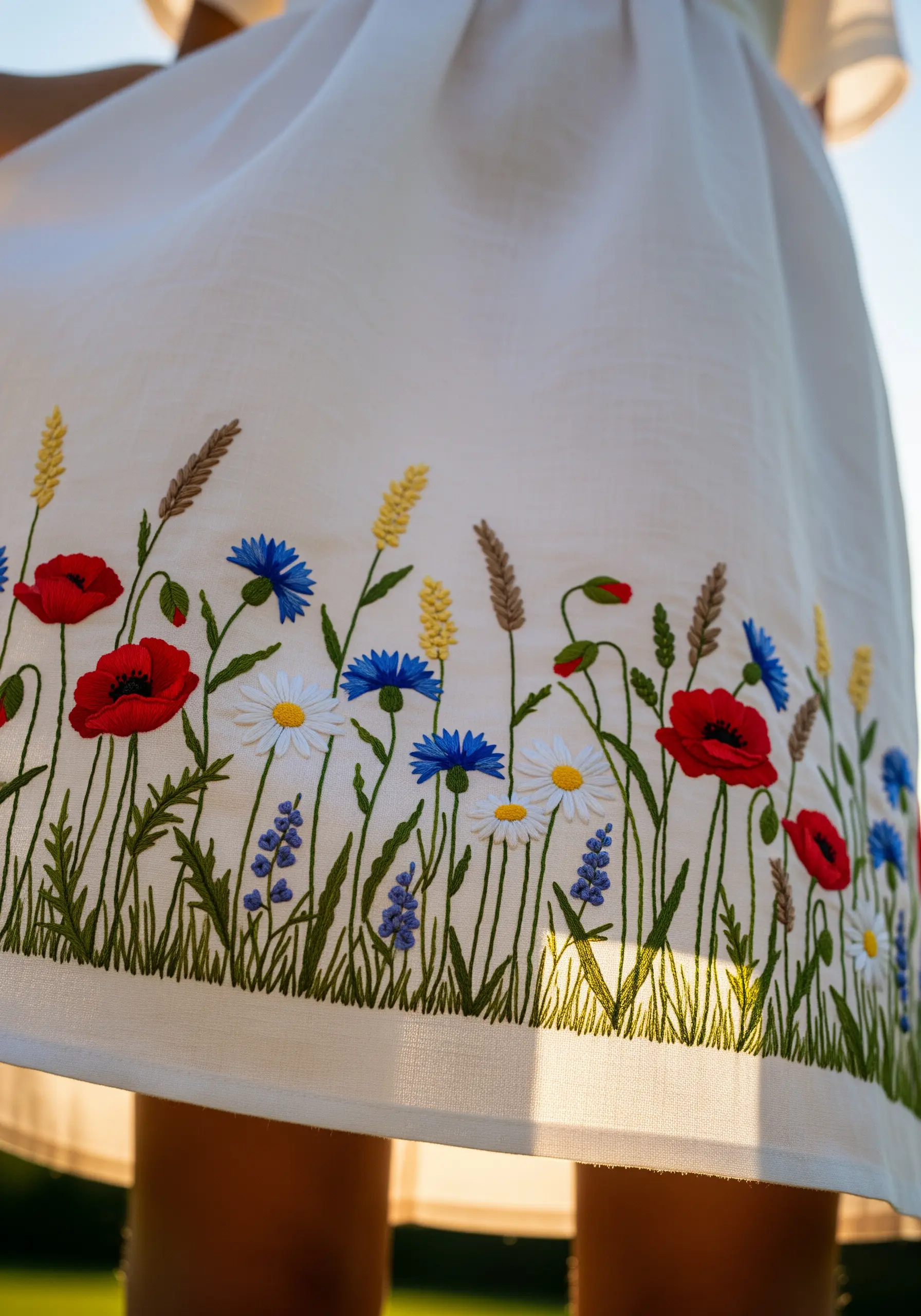 Embroidered hemline with cornflowers poppies and wheat stalks on white linen