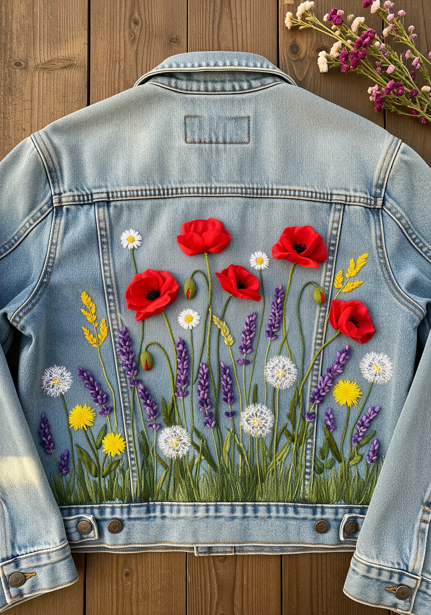 3D poppies and embroidered wildflowers on the back of a light-wash denim jacket.