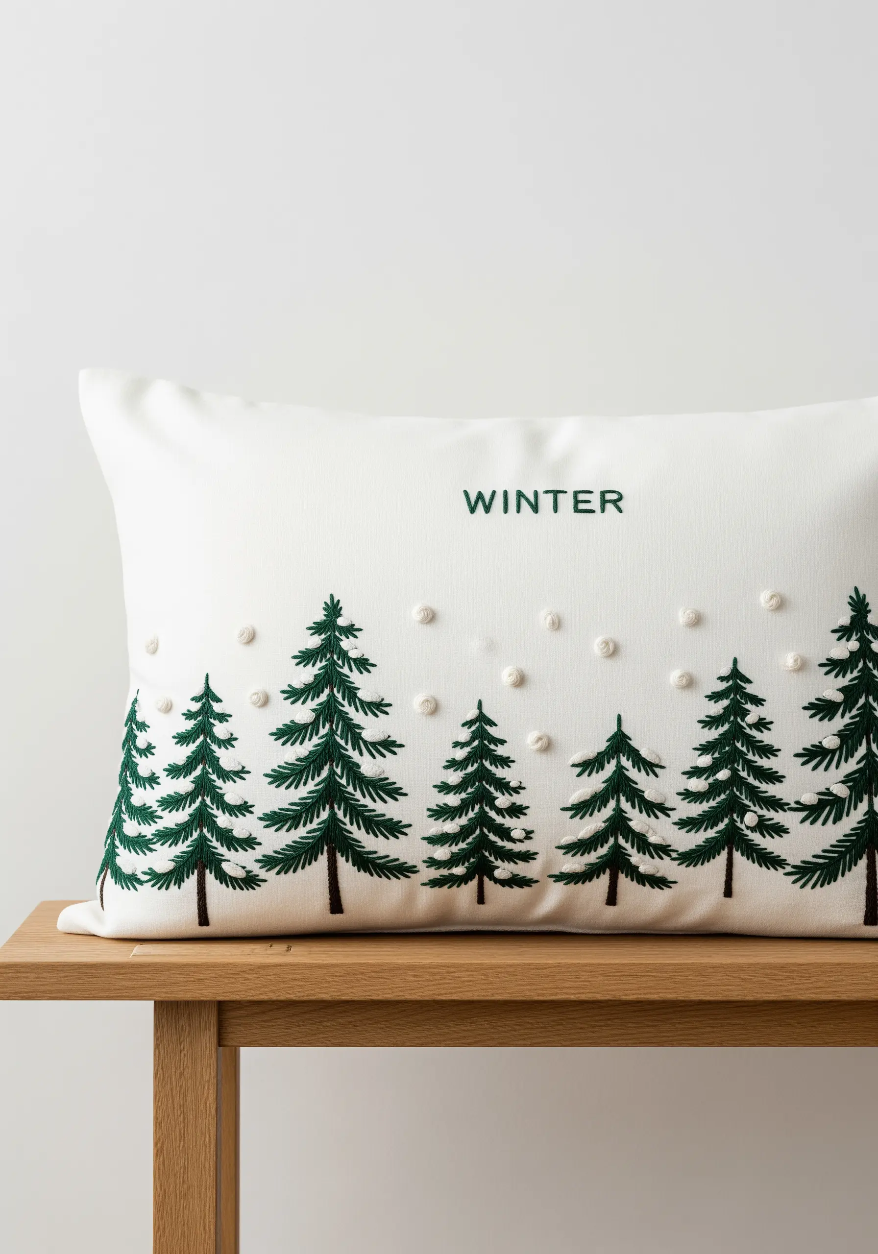 A minimalist winter scene with green pine trees and French knot snow.