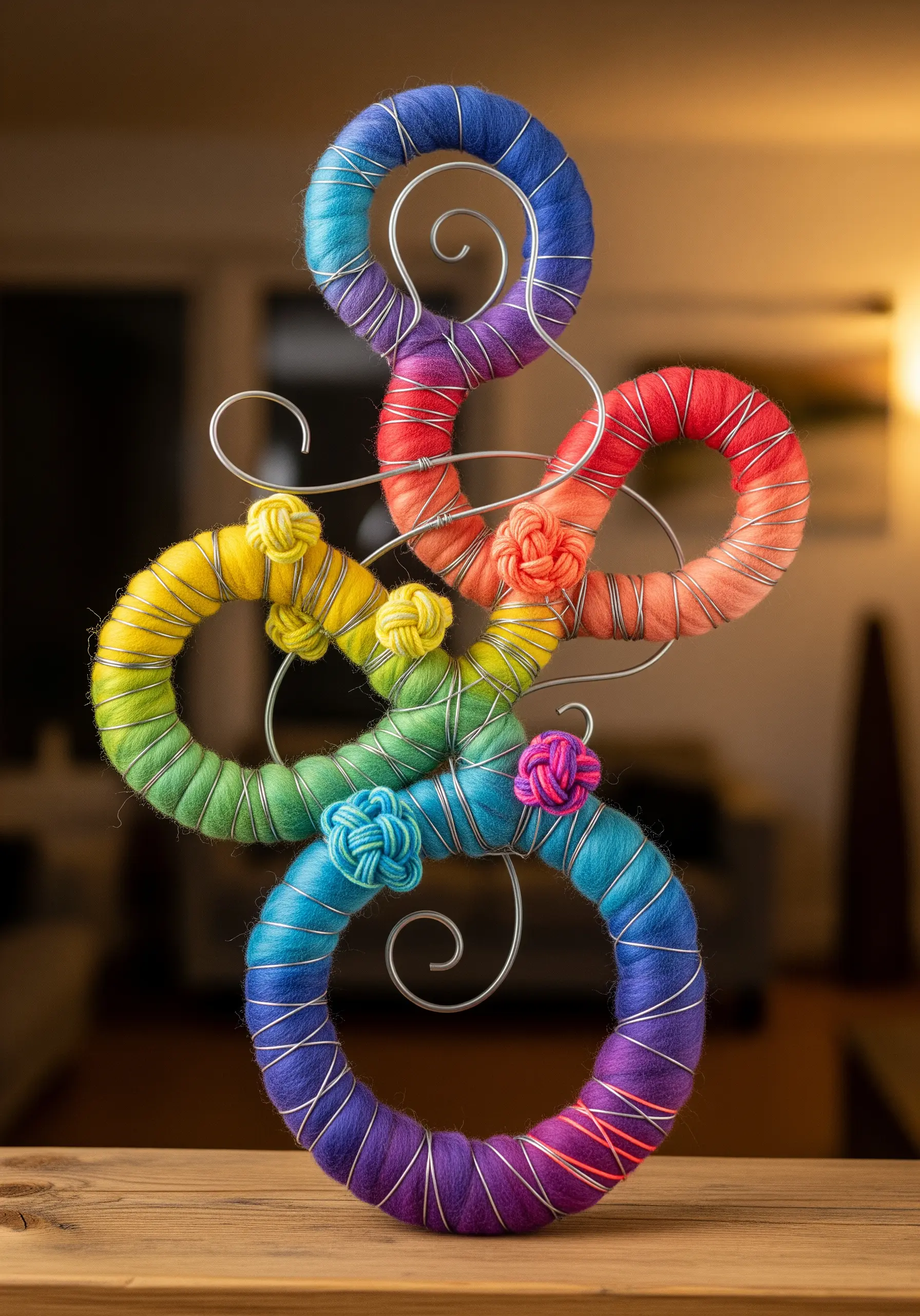 Wire sculpture wrapped in rainbow gradient yarn