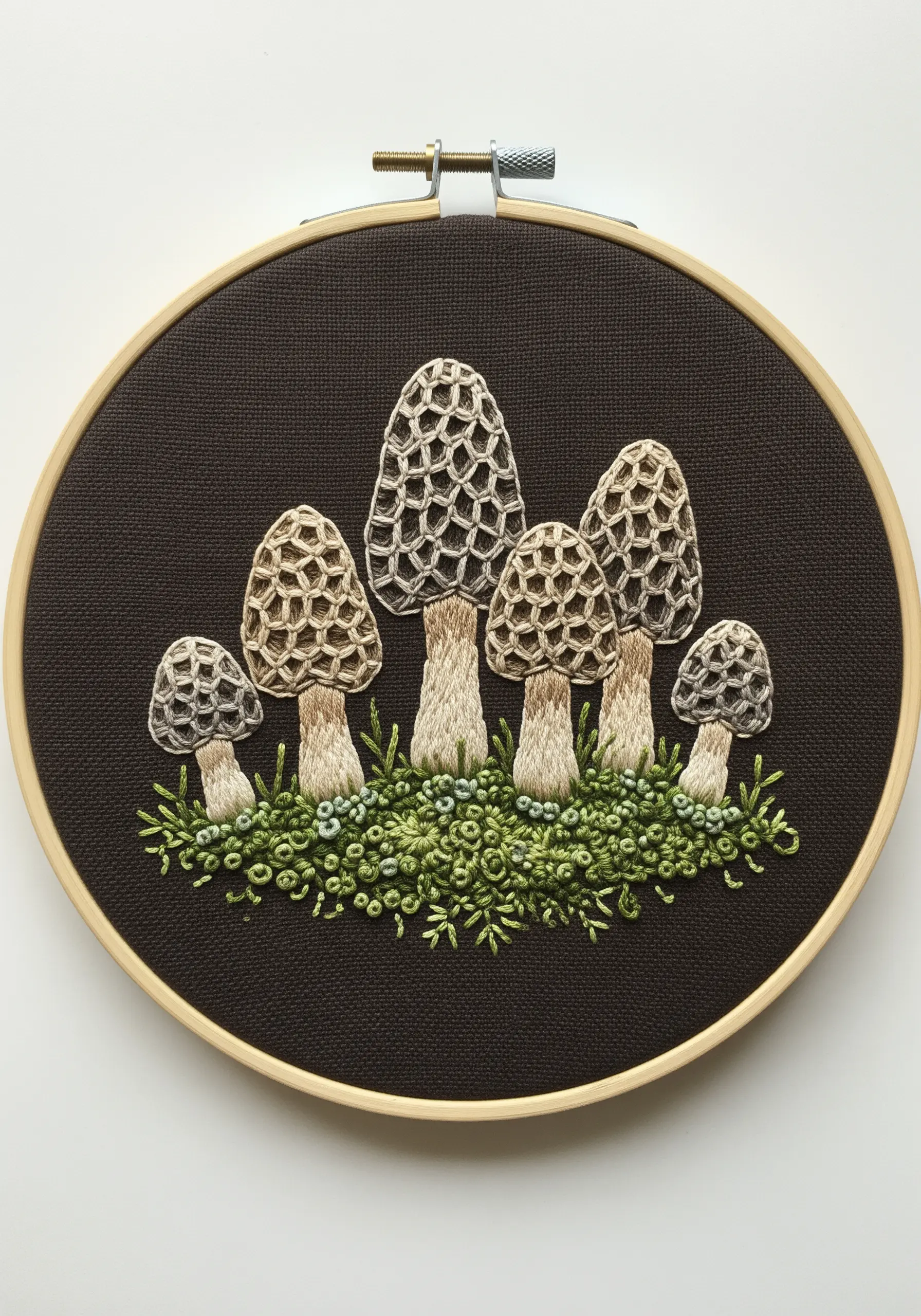 Embroidered morel mushrooms with detailed honeycomb texture on a dark brown background.