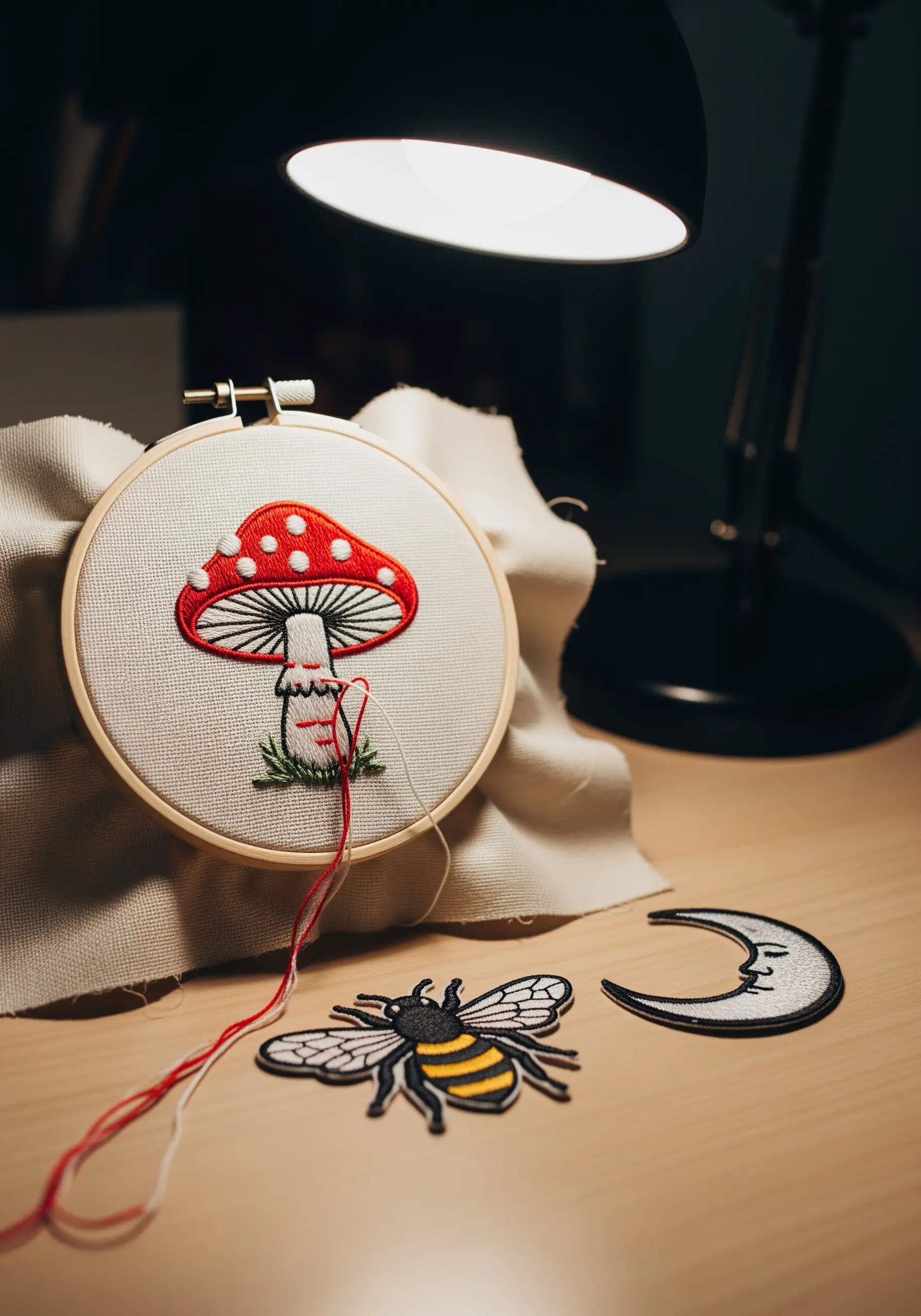 Embroidered red-capped mushroom in a hoop, with bee and moon patches nearby.