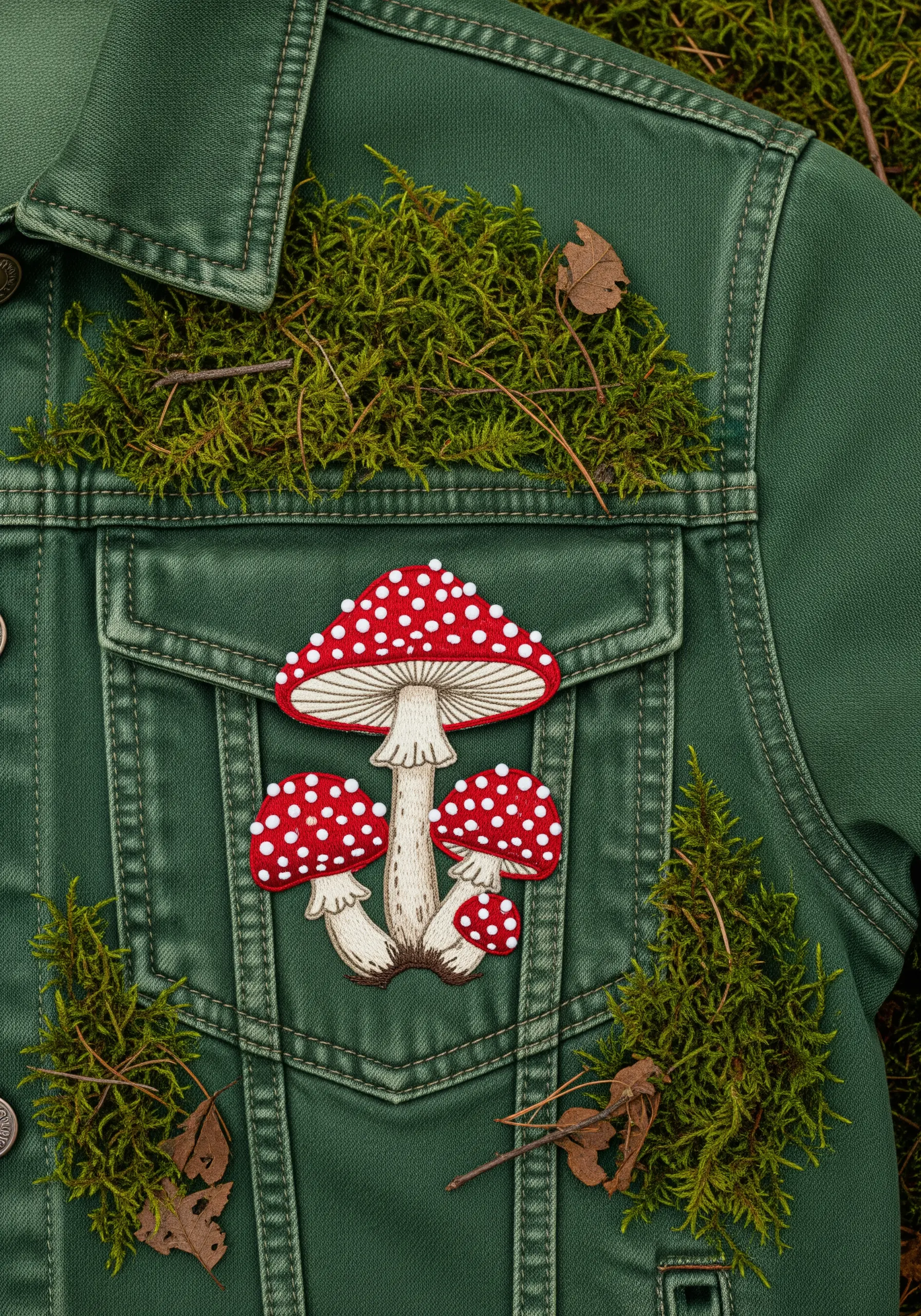 Red and white amanita mushrooms embroidered on the pocket of a green jacket.