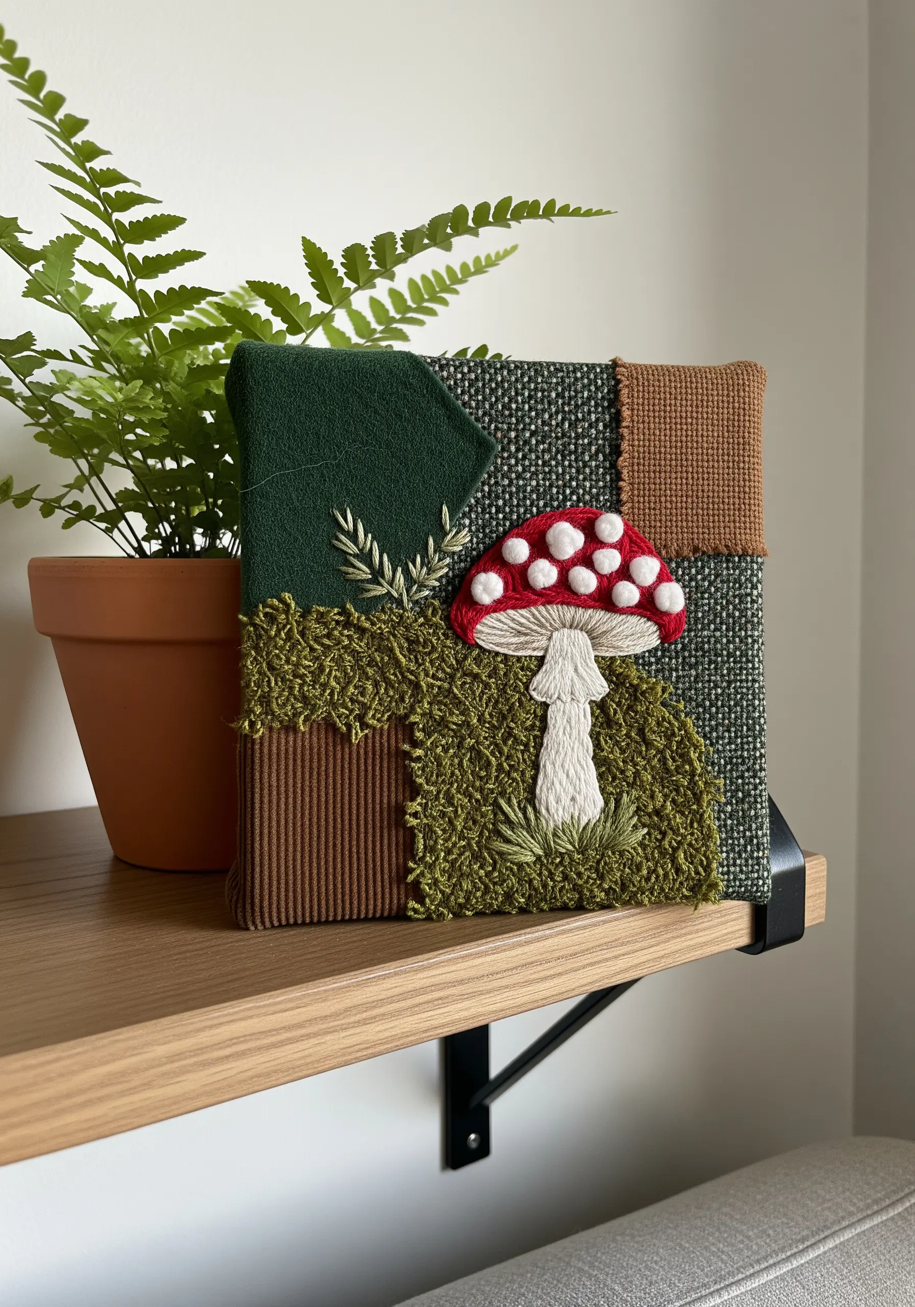 A fabric collage of a red-and-white mushroom with textured, mossy embroidery.