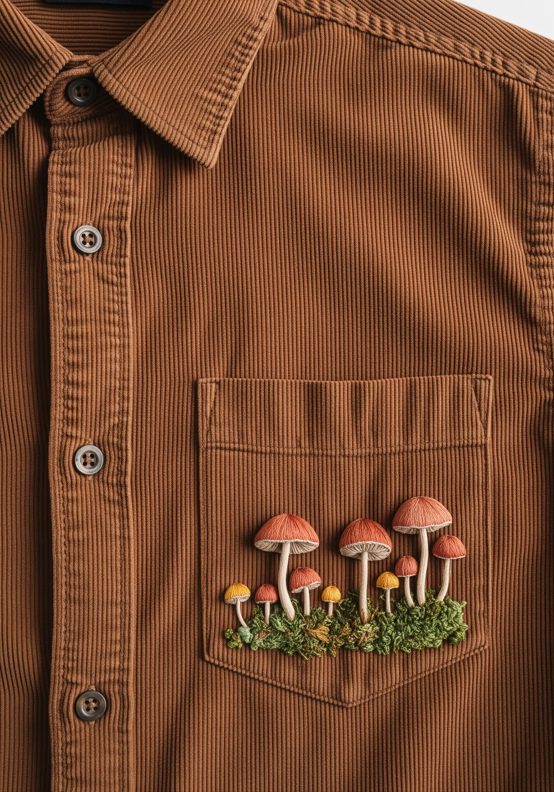 A cluster of small mushrooms with a mossy base embroidered on a brown corduroy shirt pocket.