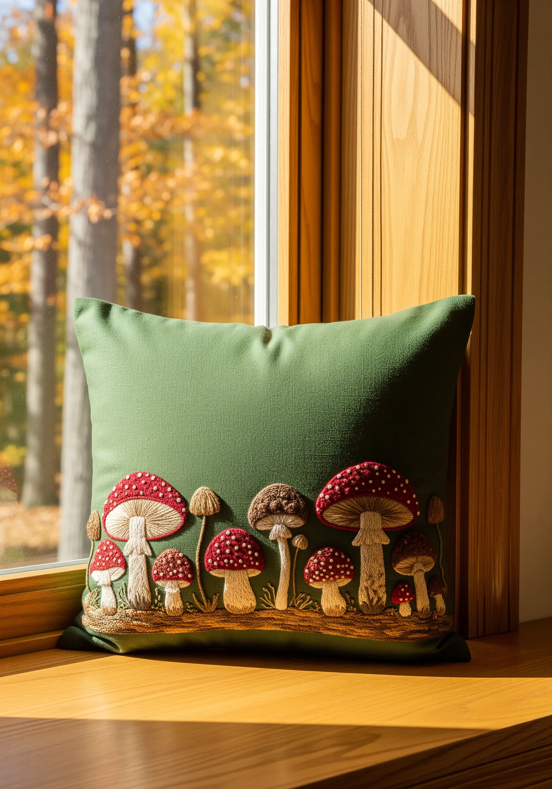 A cluster of embroidered woodland mushrooms with textured red caps.