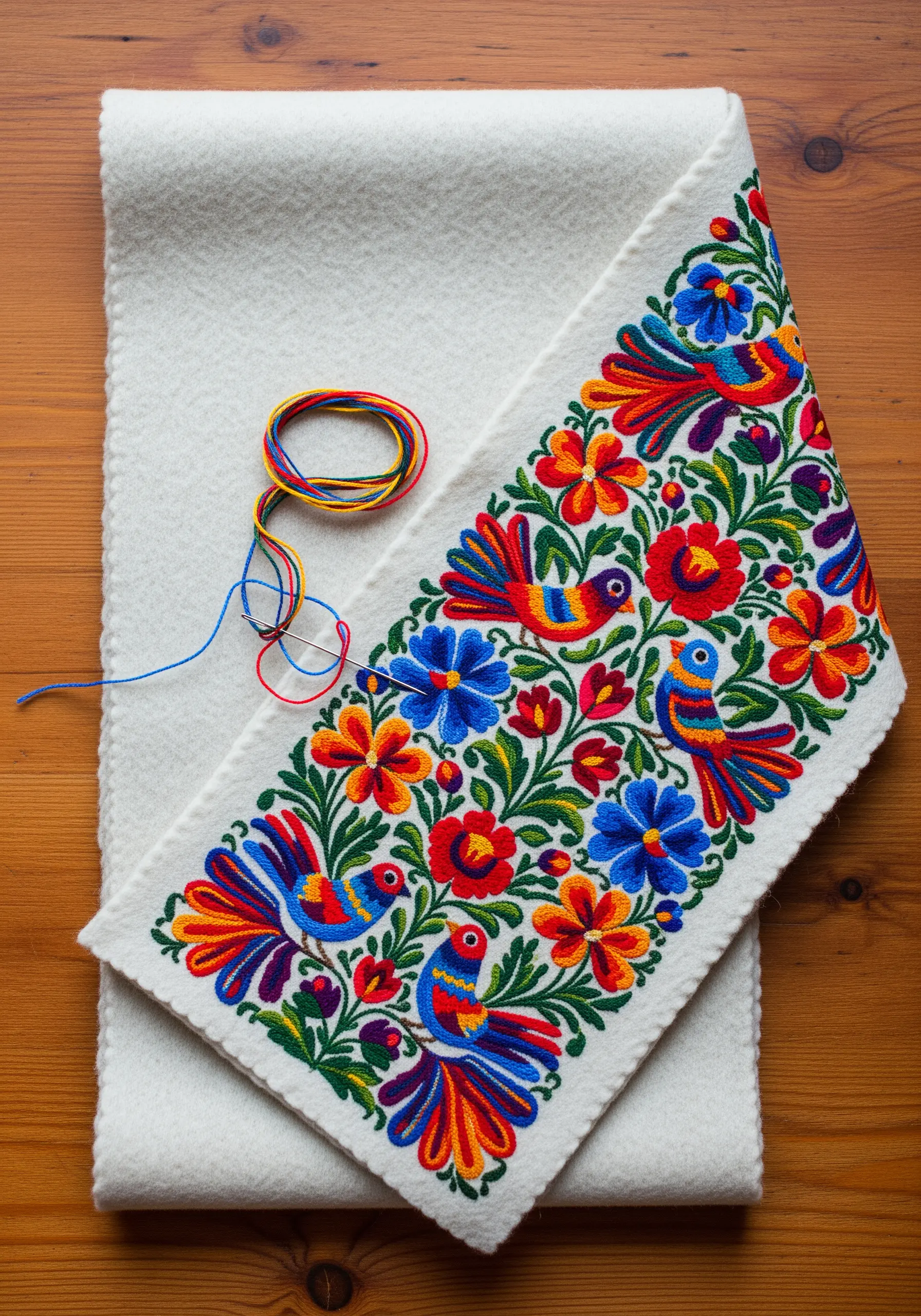 White wool scarf featuring vibrant, traditional folk art birds and flowers