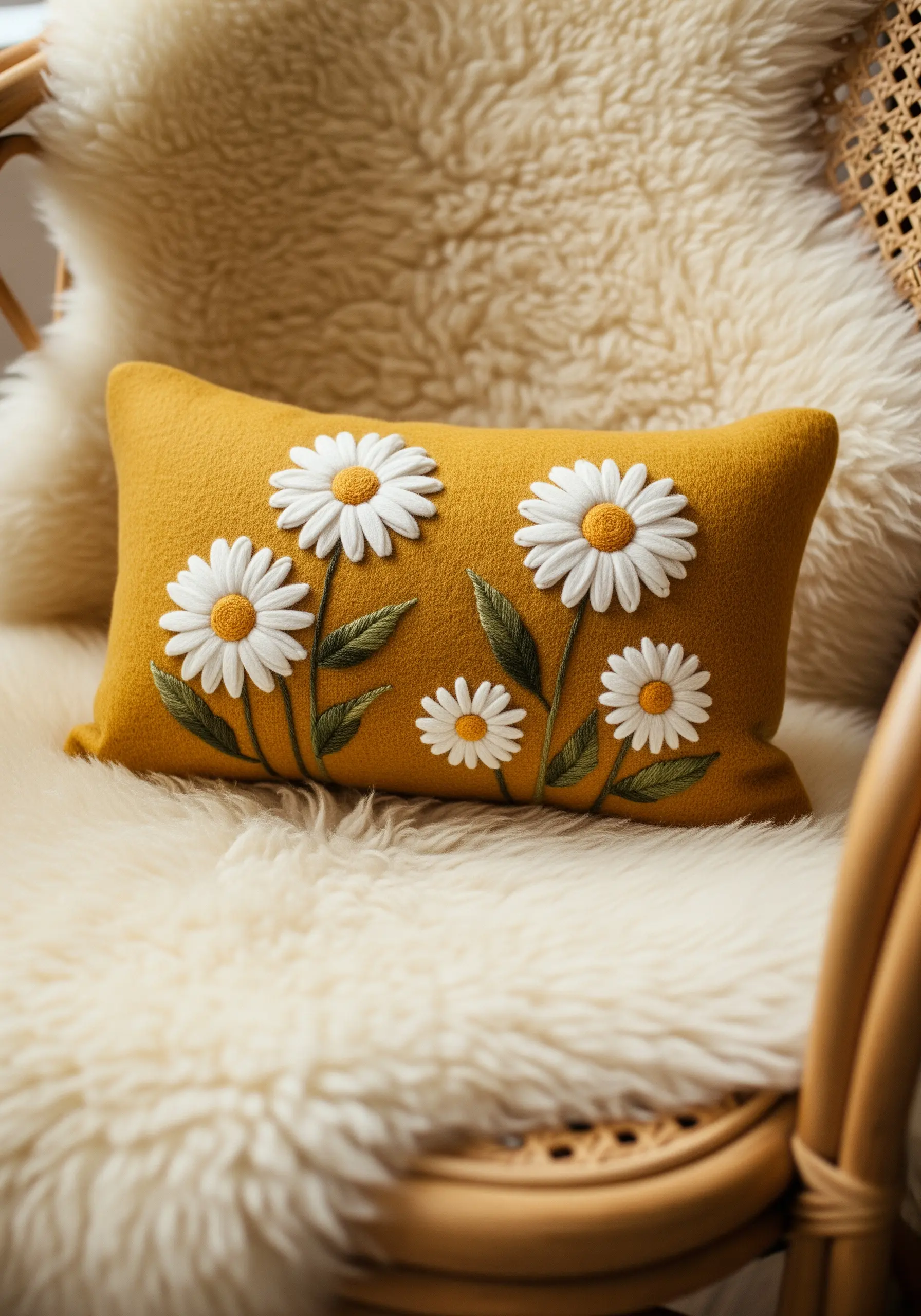 Mustard yellow pillow with white wool daisy embroidery