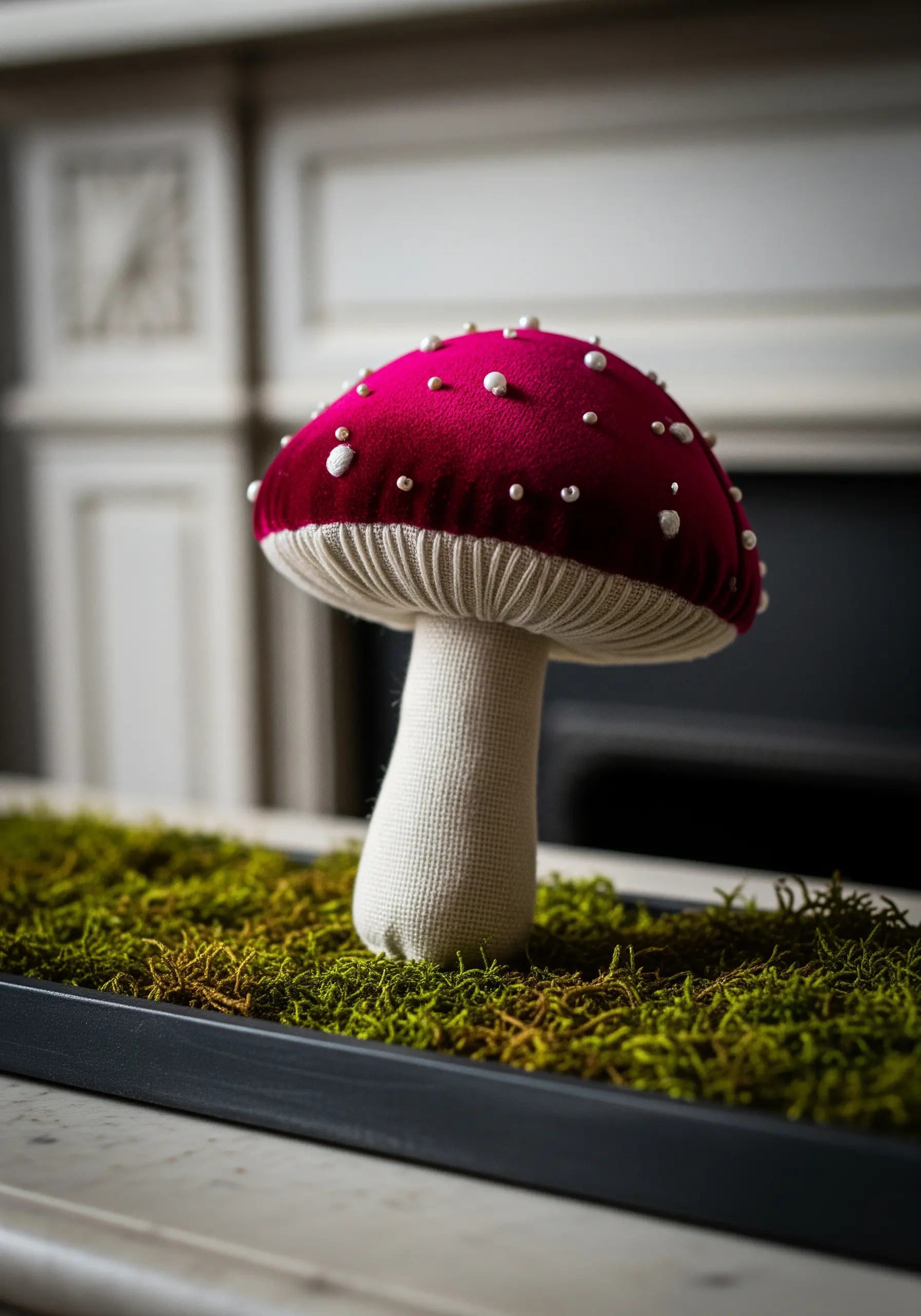 Velvet mushroom ornament with pearl bead embellishments