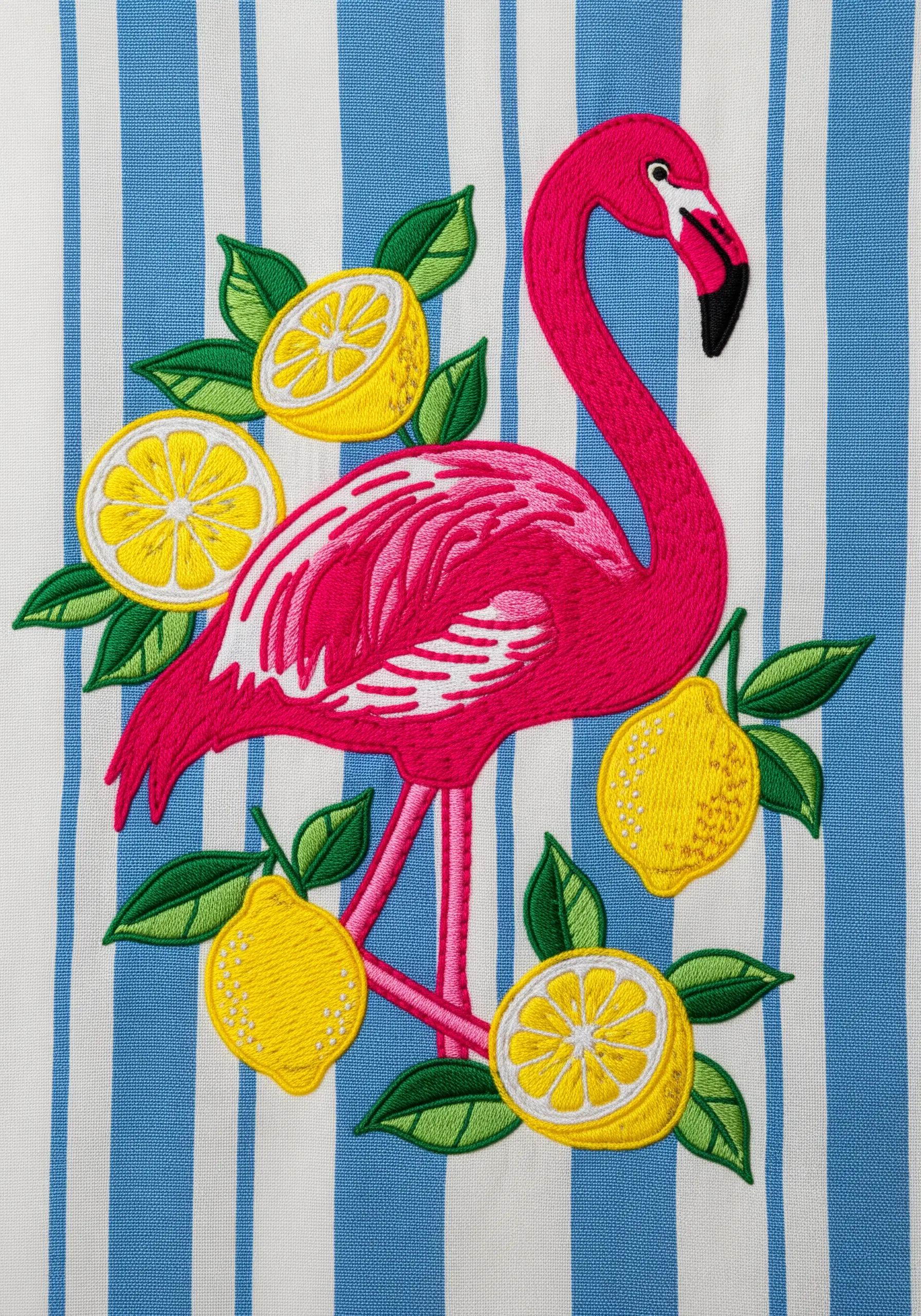 Flamingo and lemon embroidery on blue and white striped fabric