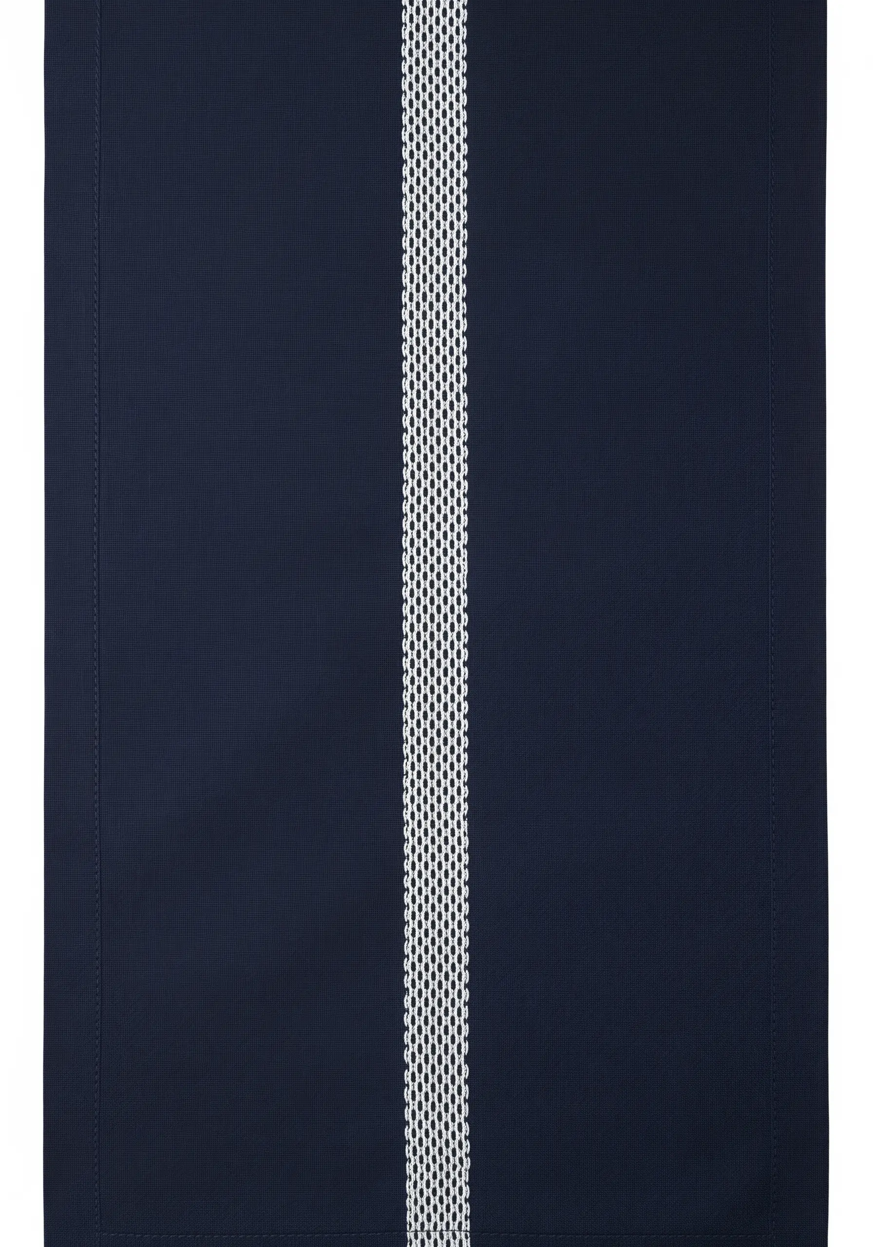 A table runner with a central vertical stripe of white textured embroidery.