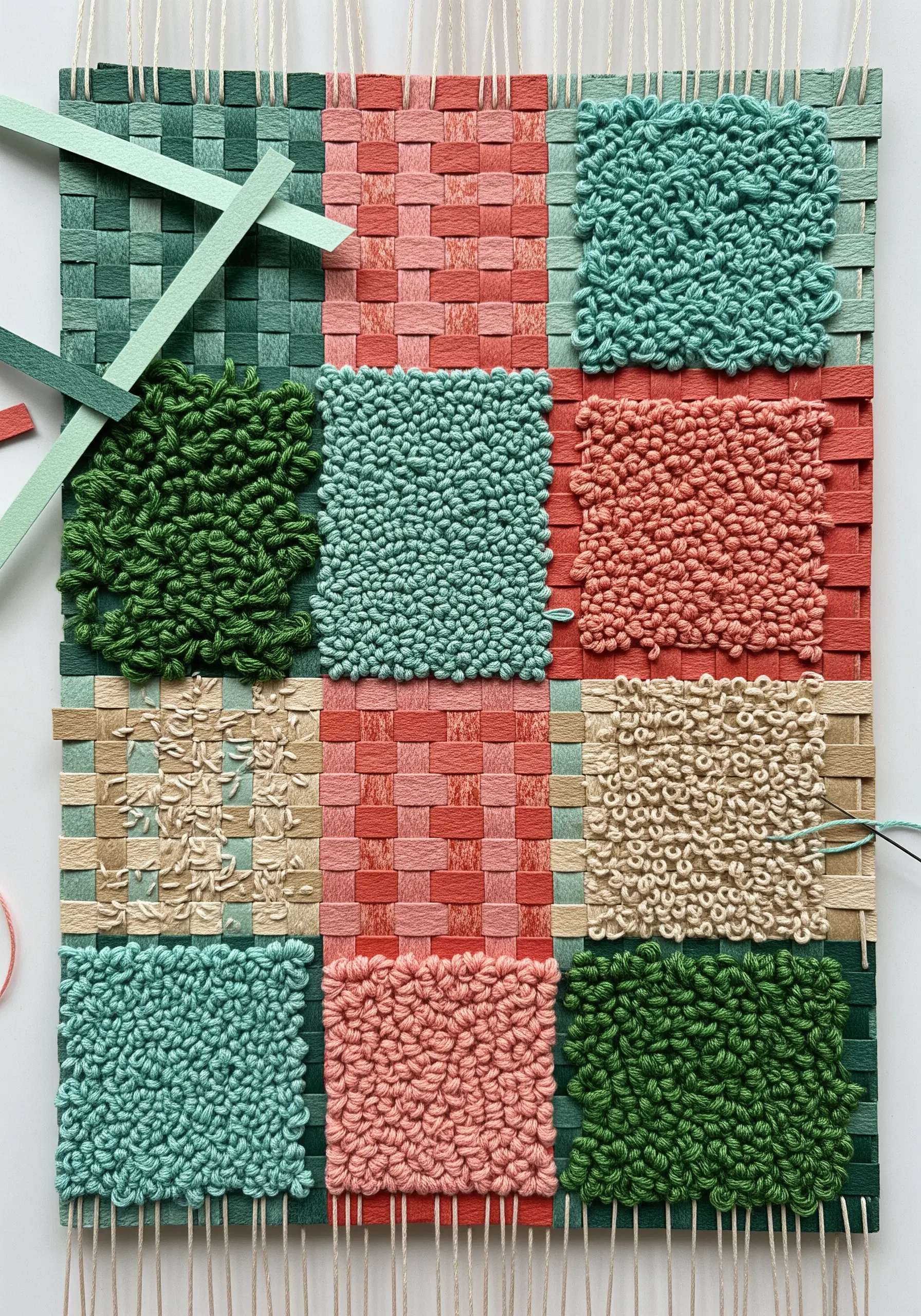 A woven sampler made of paper strips, with some squares filled with dense, textural embroidery.