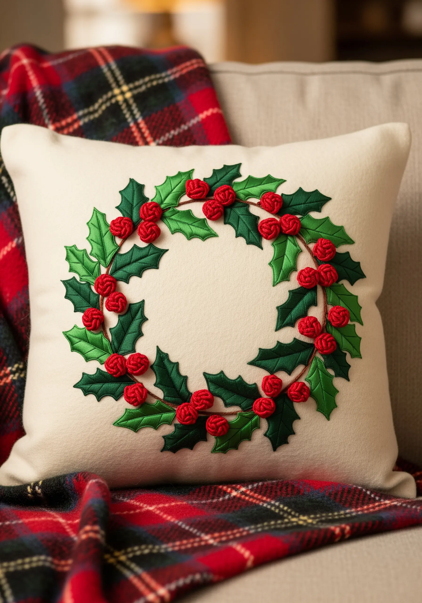 A festive embroidered holly wreath with raised, woven red berries.