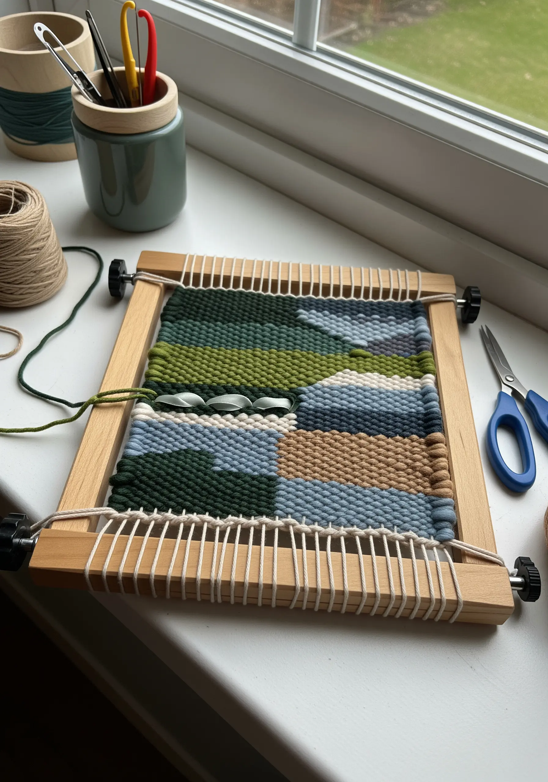 Small woven tapestry on a frame loom with green, blue, and tan yarn color blocks.