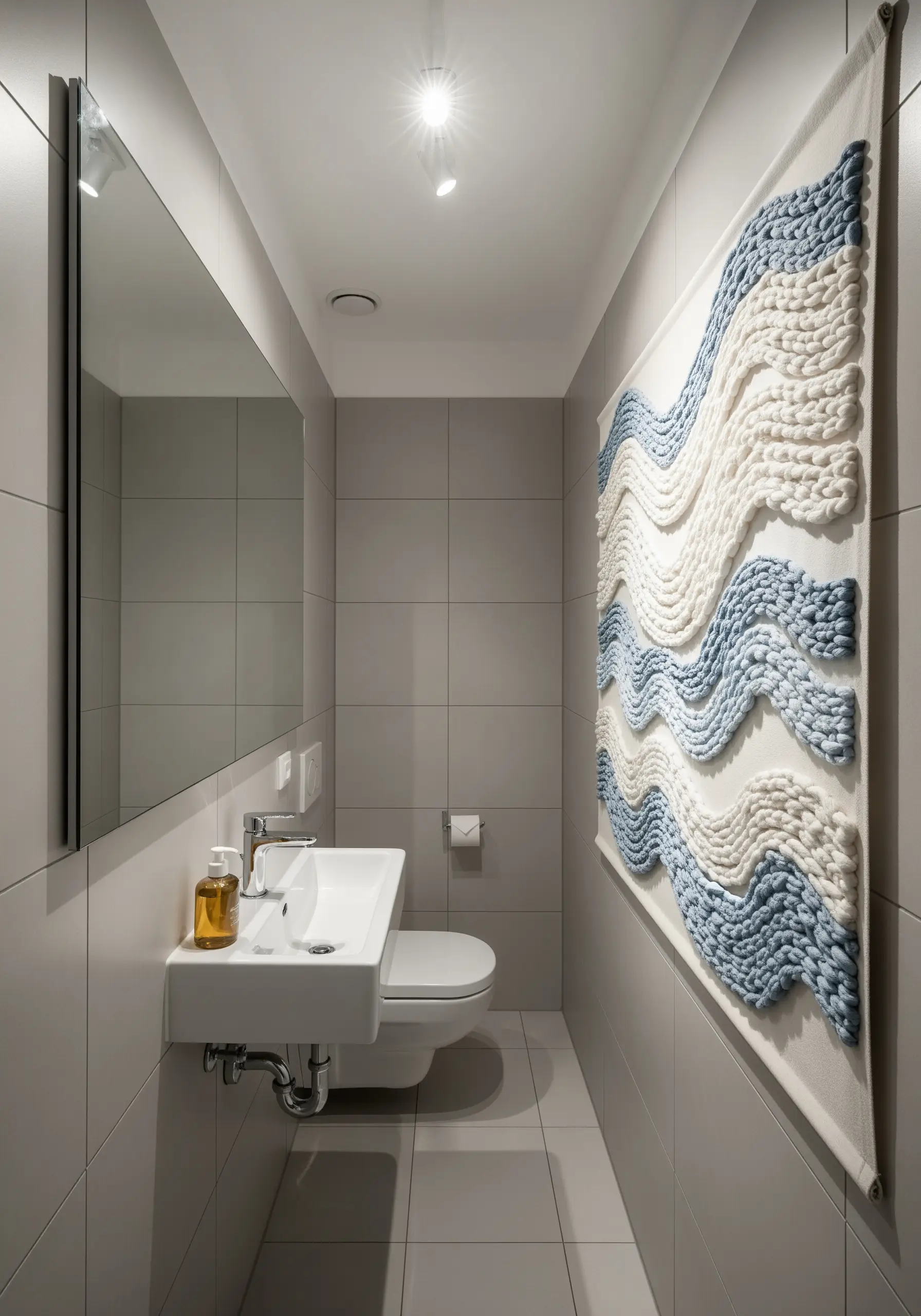 A large, textural wall hanging in a bathroom, made with chunky blue and white yarn in wavy lines.