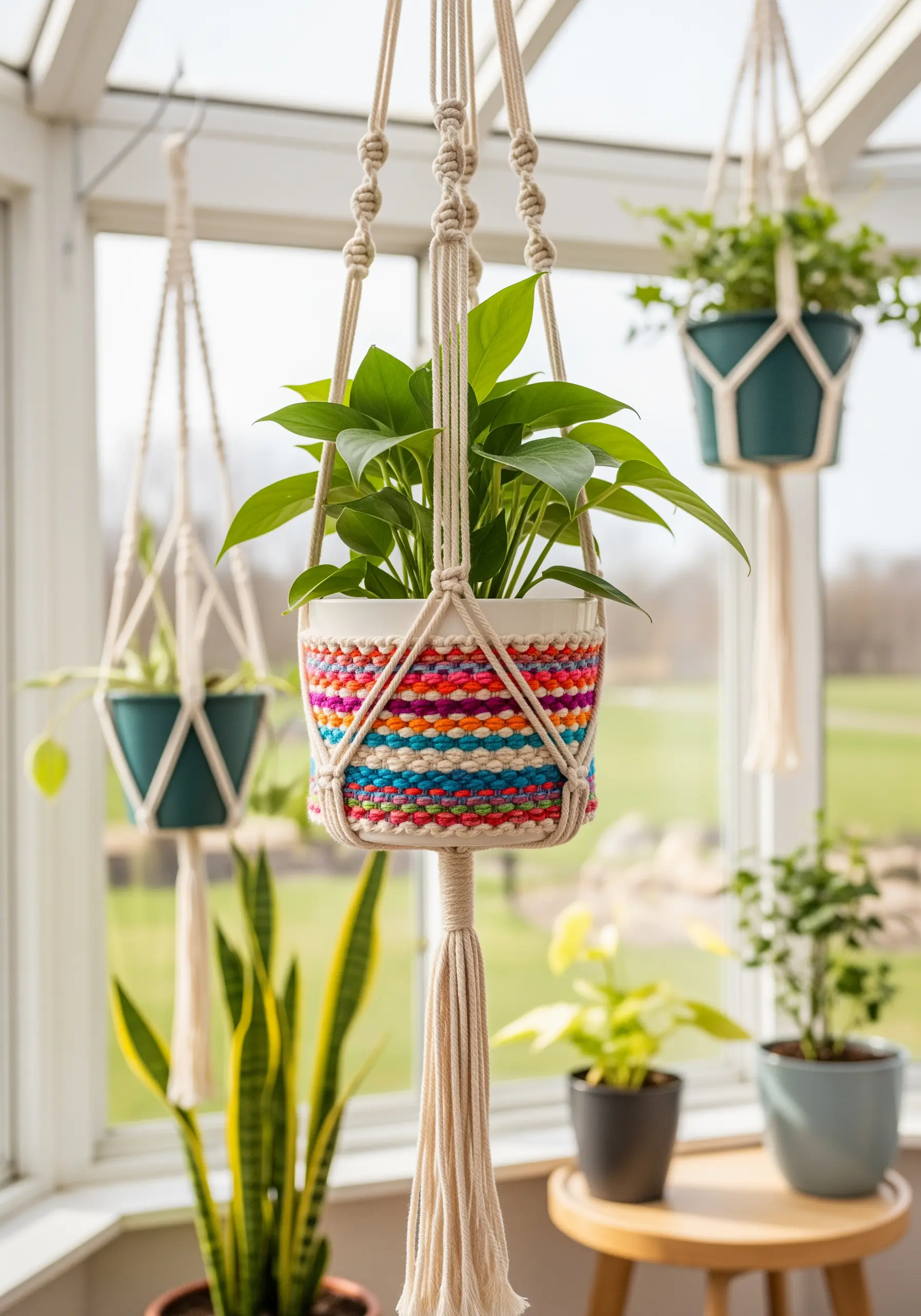 Macrame plant hanger with a colorful woven band around the pot.