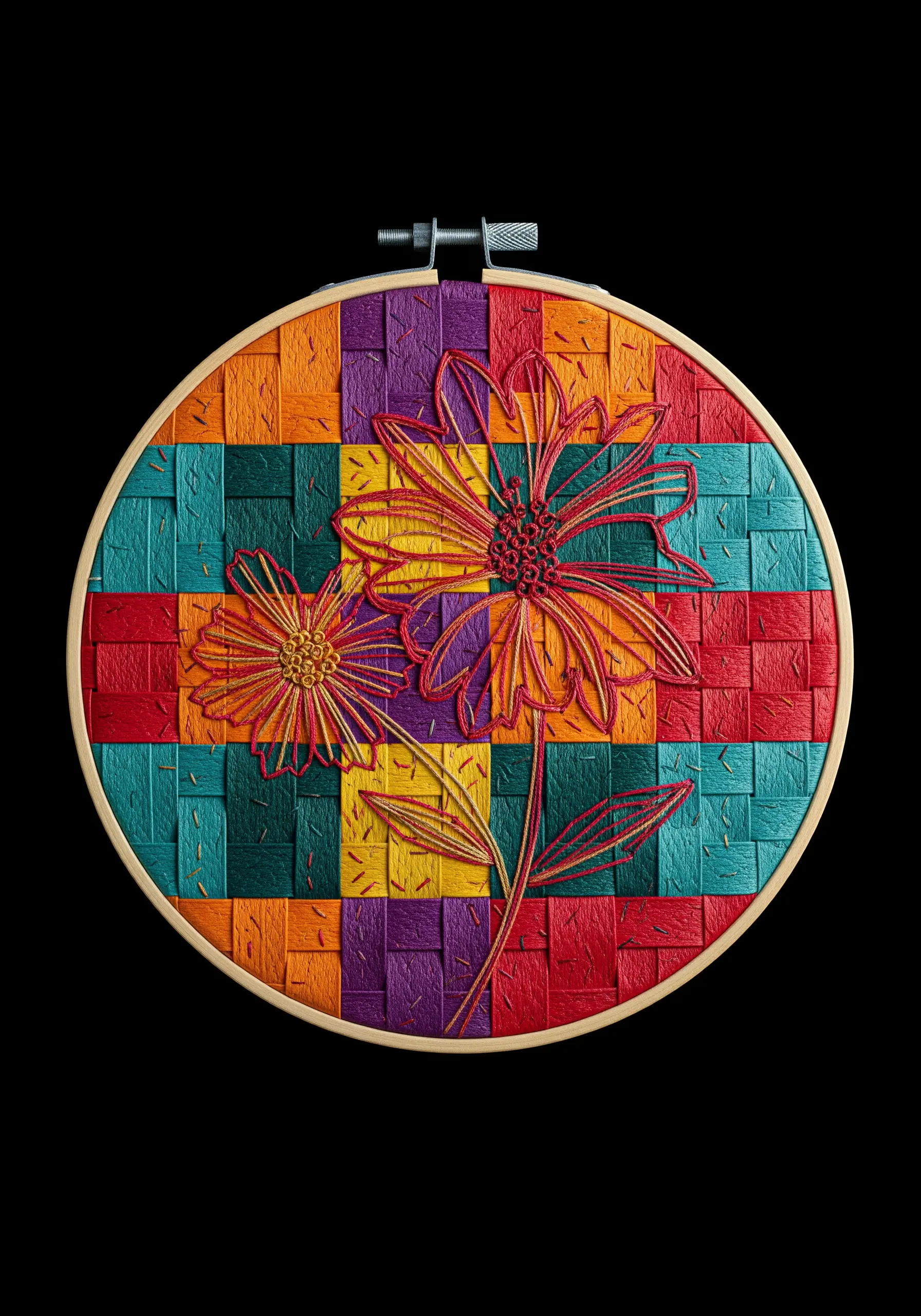 Embroidered floral line art on a colorful background of woven paper strips.