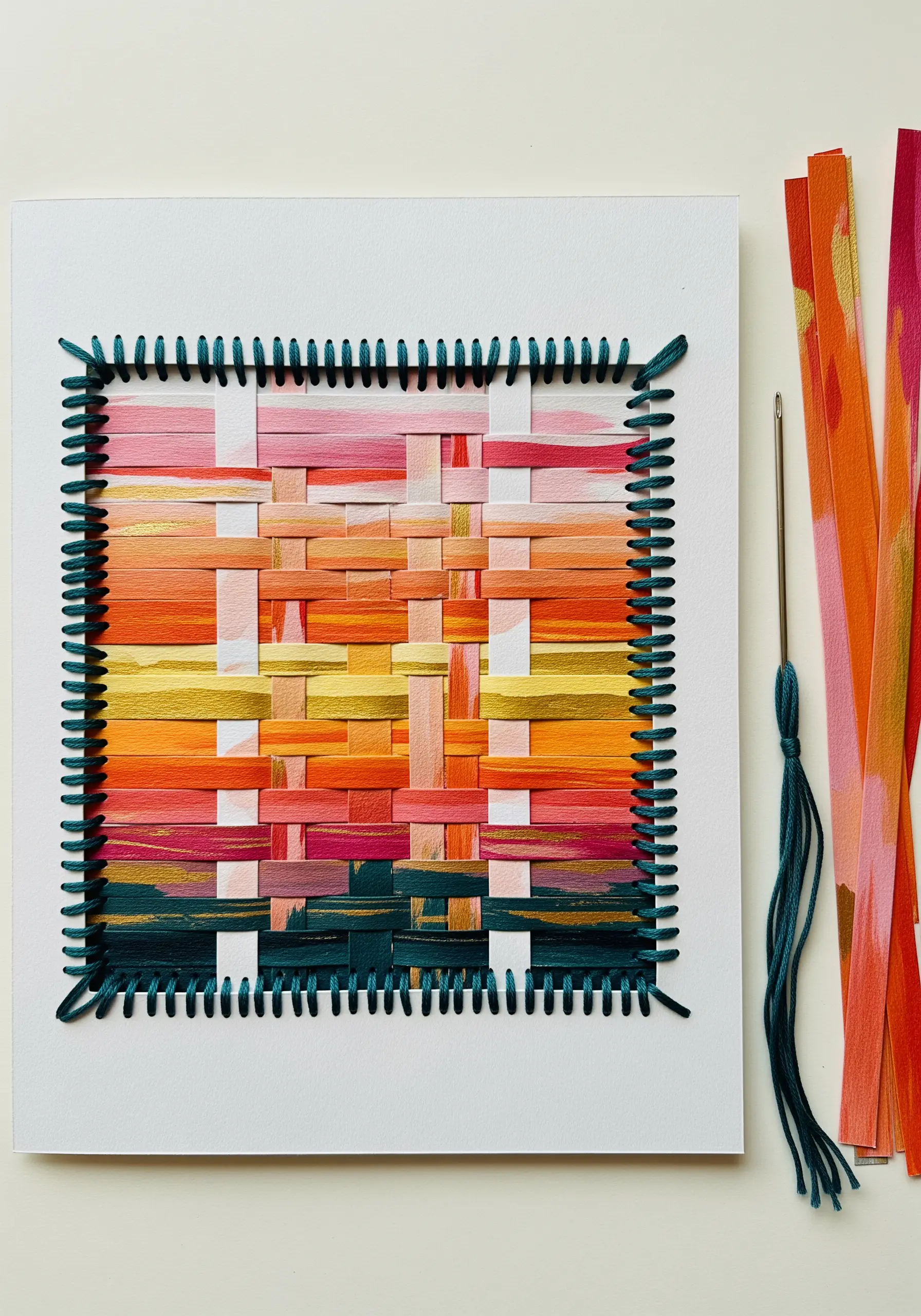 Woven paper with a sunset gradient, framed by a dark teal blanket stitch border.