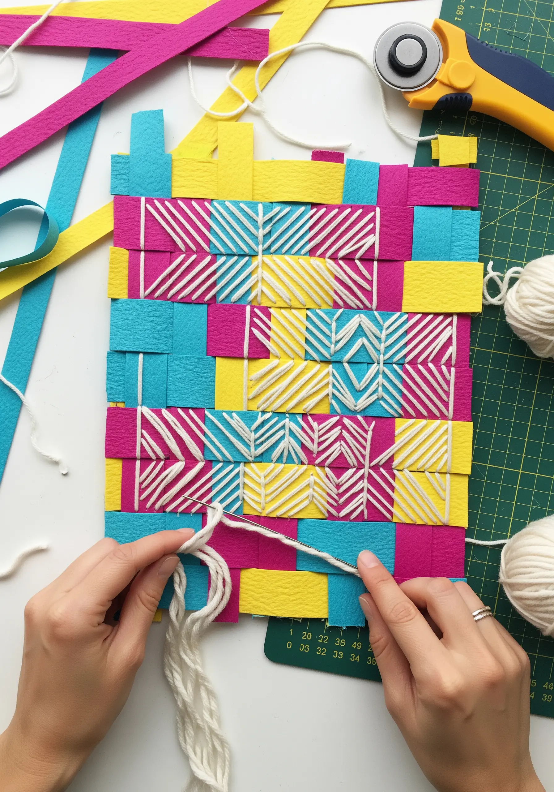 Thick white yarn stitched in geometric patterns over a woven grid of colorful paper strips.