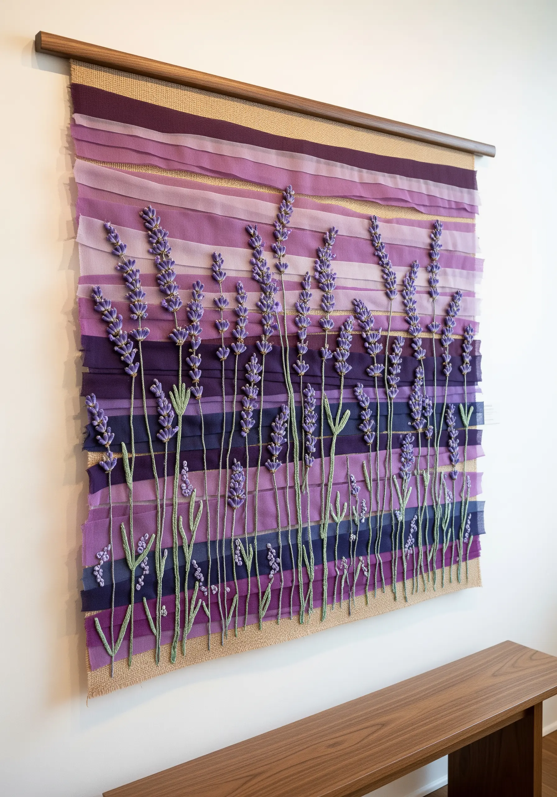 Large lavender field wall hanging made with woven purple ribbons and embroidered flowers.