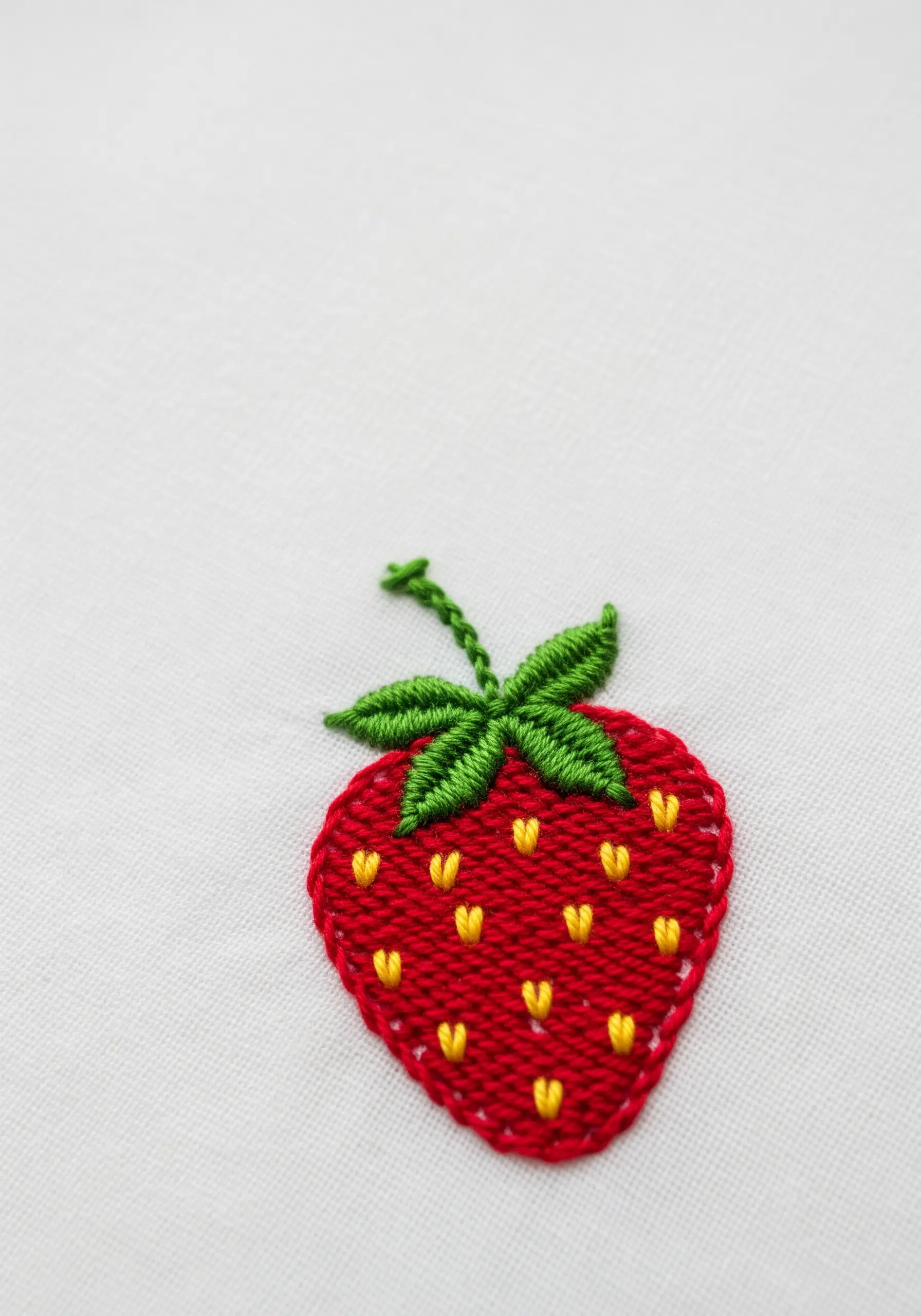 A red embroidered strawberry with a woven texture and yellow seeds.