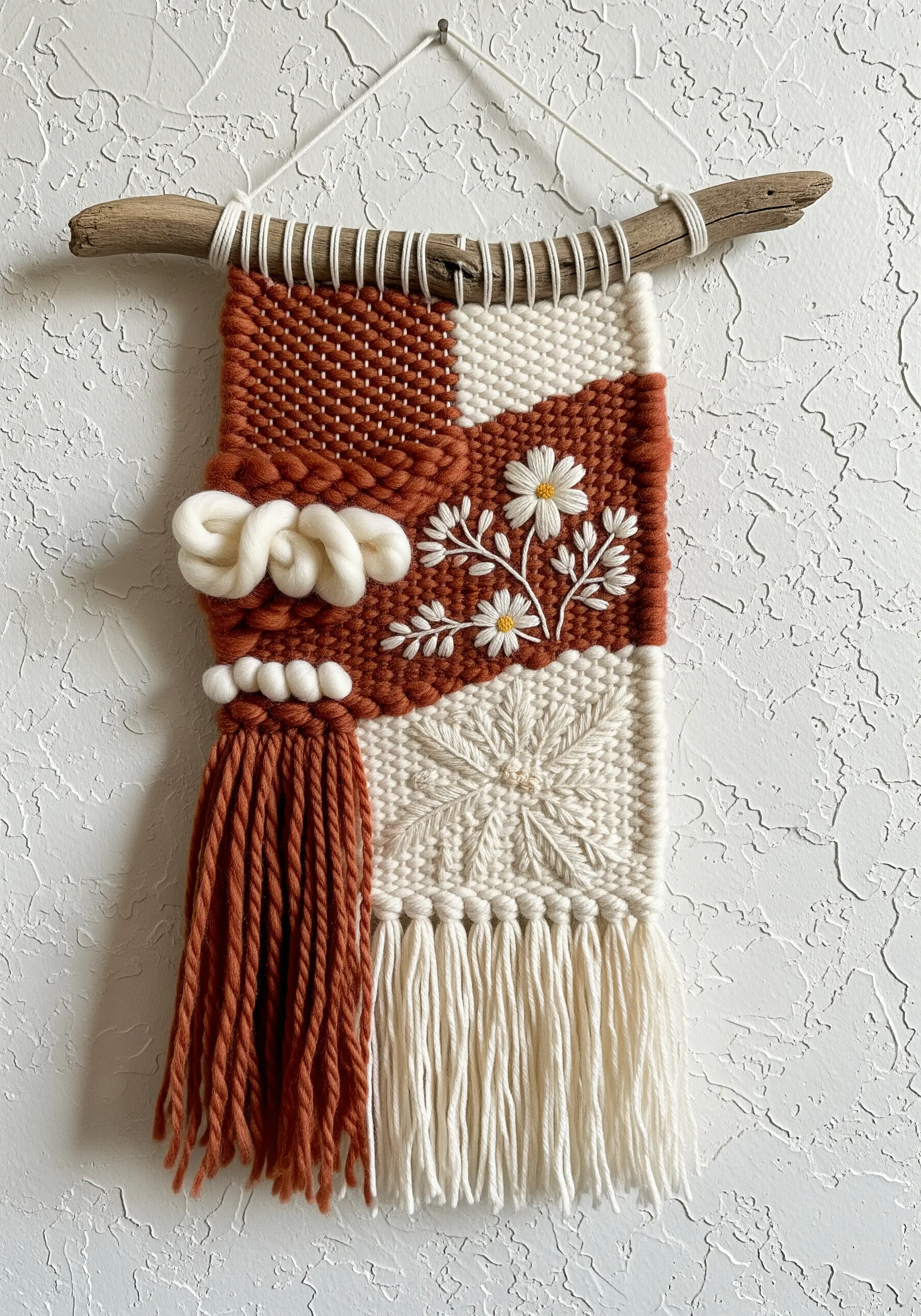 Wall hanging combining weaving and floral embroidery
