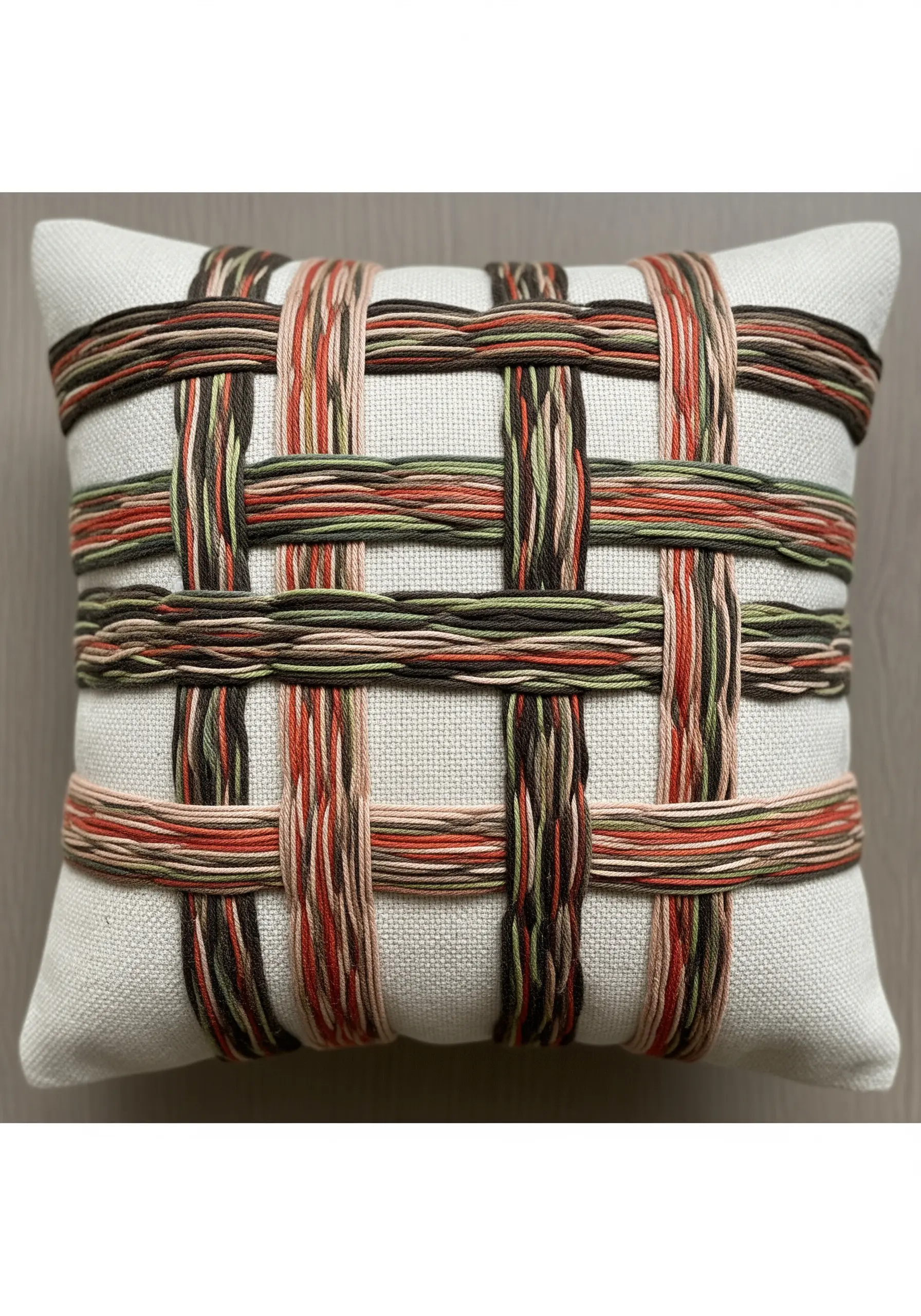 Thick bundles of variegated yarn in earthy tones woven together on a white pillow.