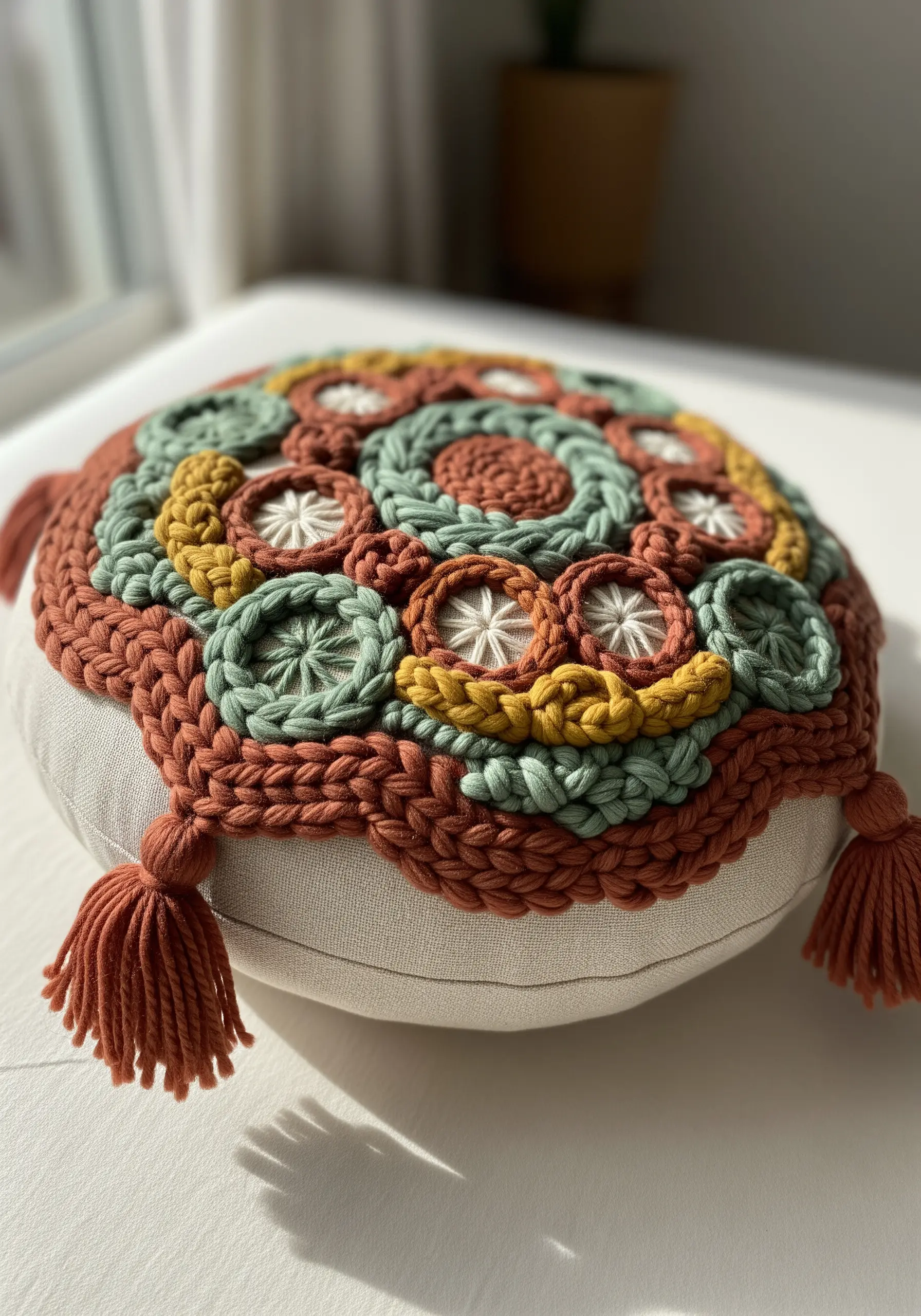 Dimensional round pillow with woven yarn mandala in terracotta, green, and yellow, with tassels.