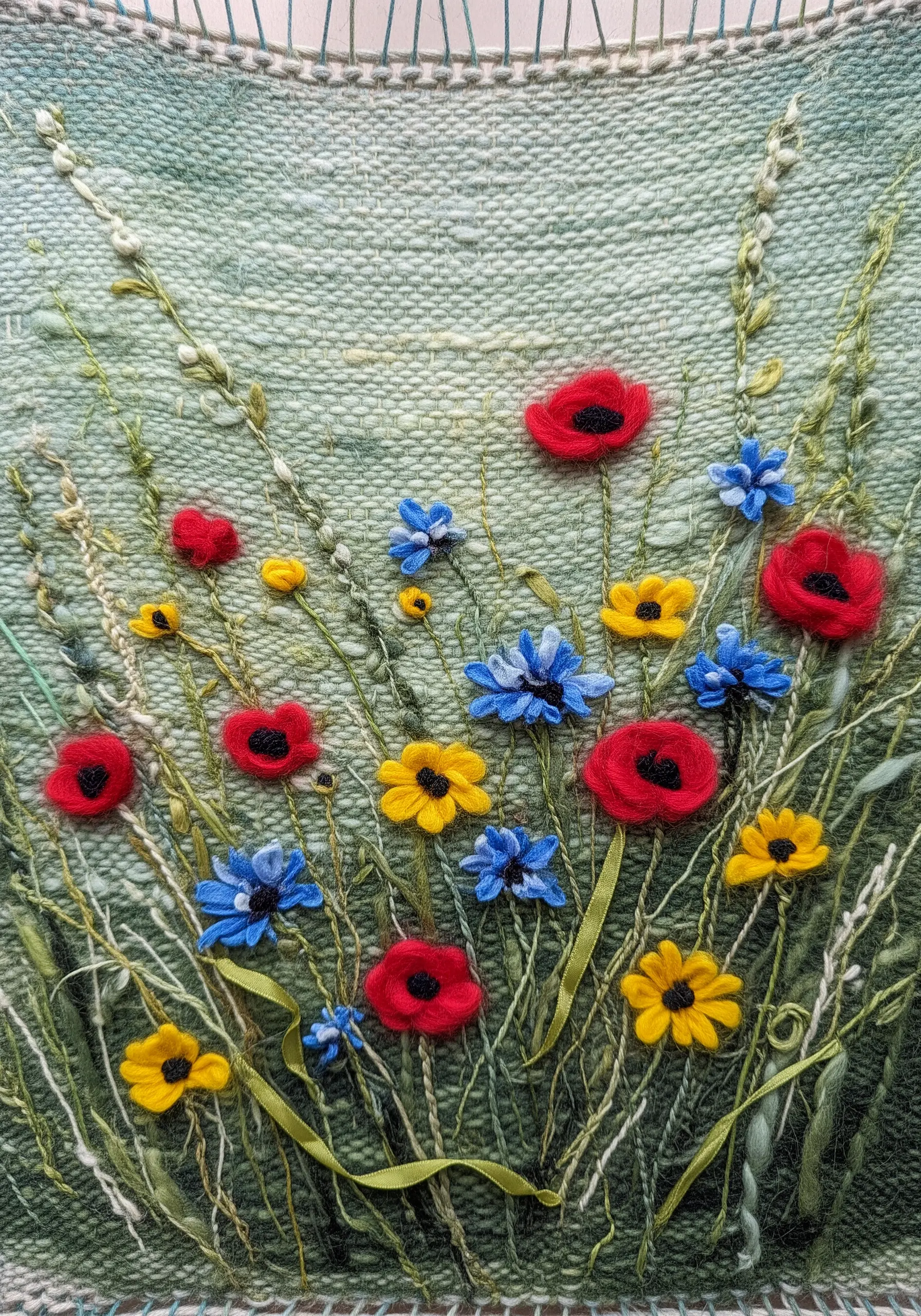 A woven tapestry of a wildflower meadow with 3D ribbon embroidery and needle-felted flowers.