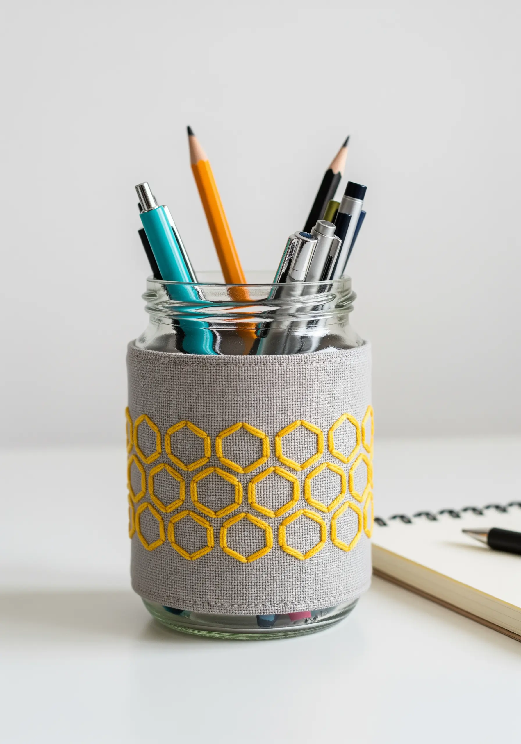 A glass jar wrapped in a gray fabric band embroidered with a yellow honeycomb pattern.