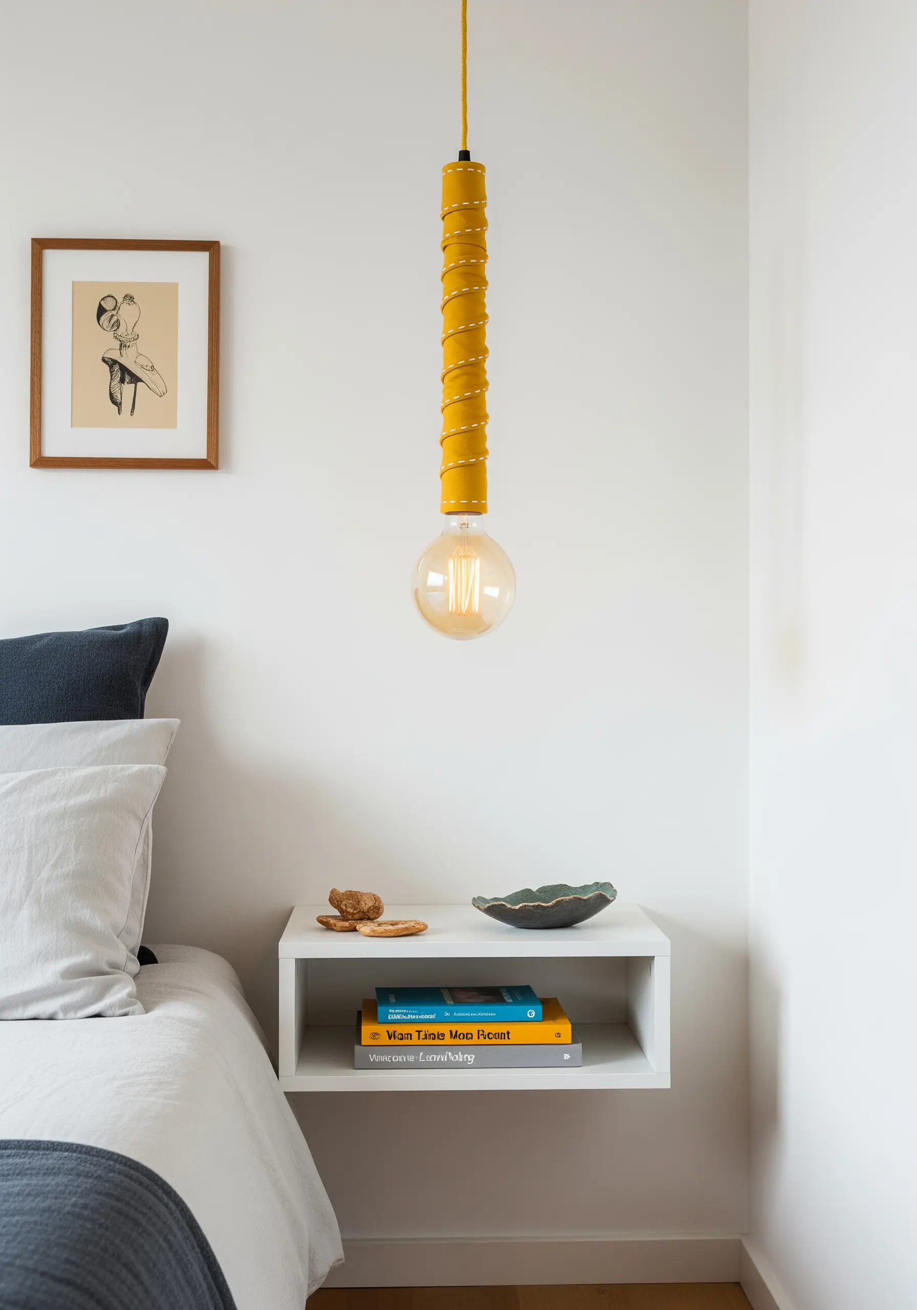A yellow pendant light cord wrapped in a leather-like material and secured with a white whipstitch.